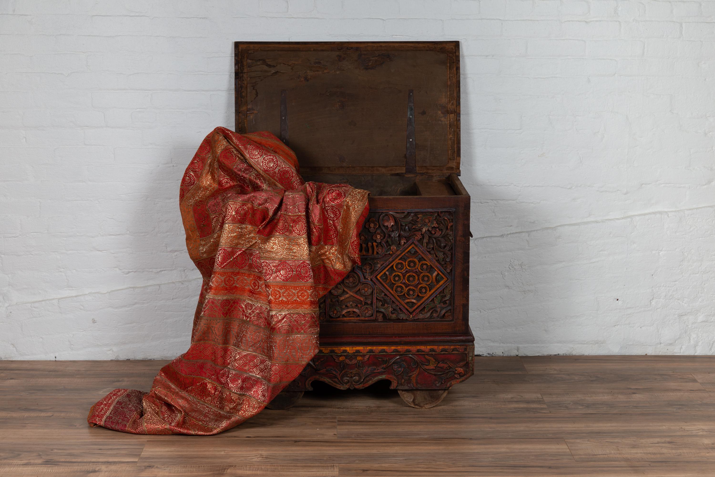 Hand-Carved Antique Indonesian Hand Carved Blanket Chest with Polychrome Decor and Wheels