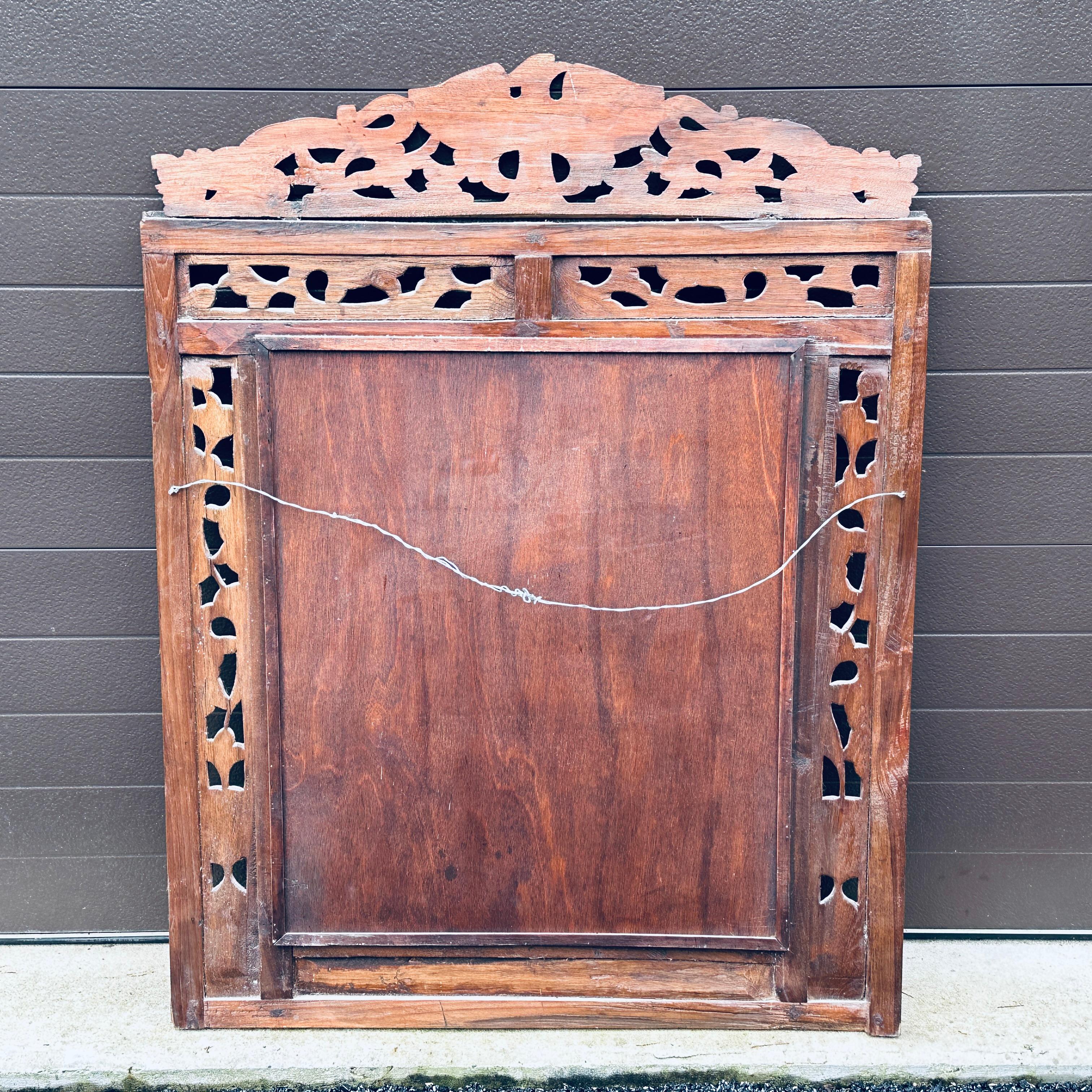 Antique Indonesian Hand Carved Teak Wall Mirror With Openwork For Sale 4