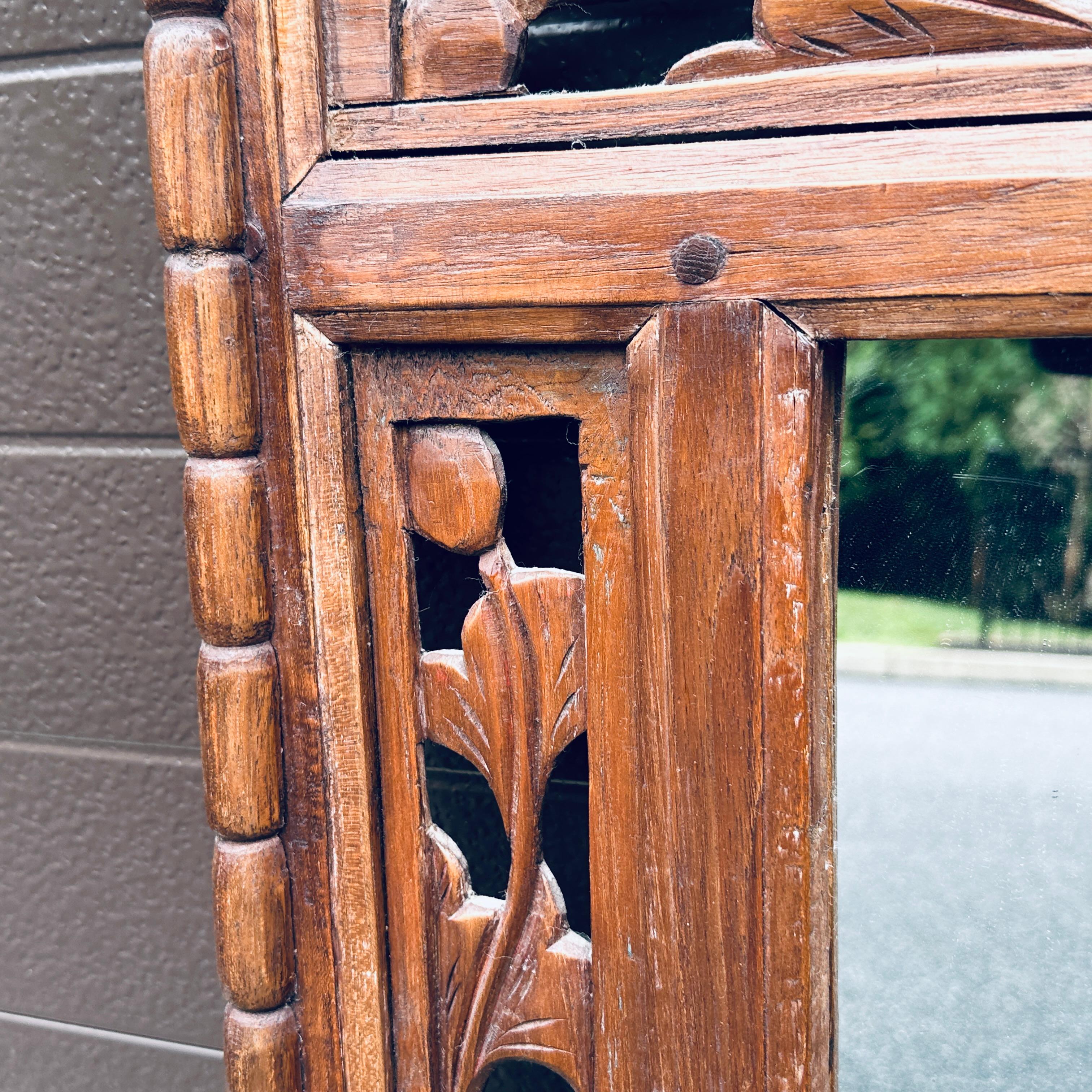 Antique Indonesian Hand Carved Teak Wall Mirror With Openwork For Sale 7