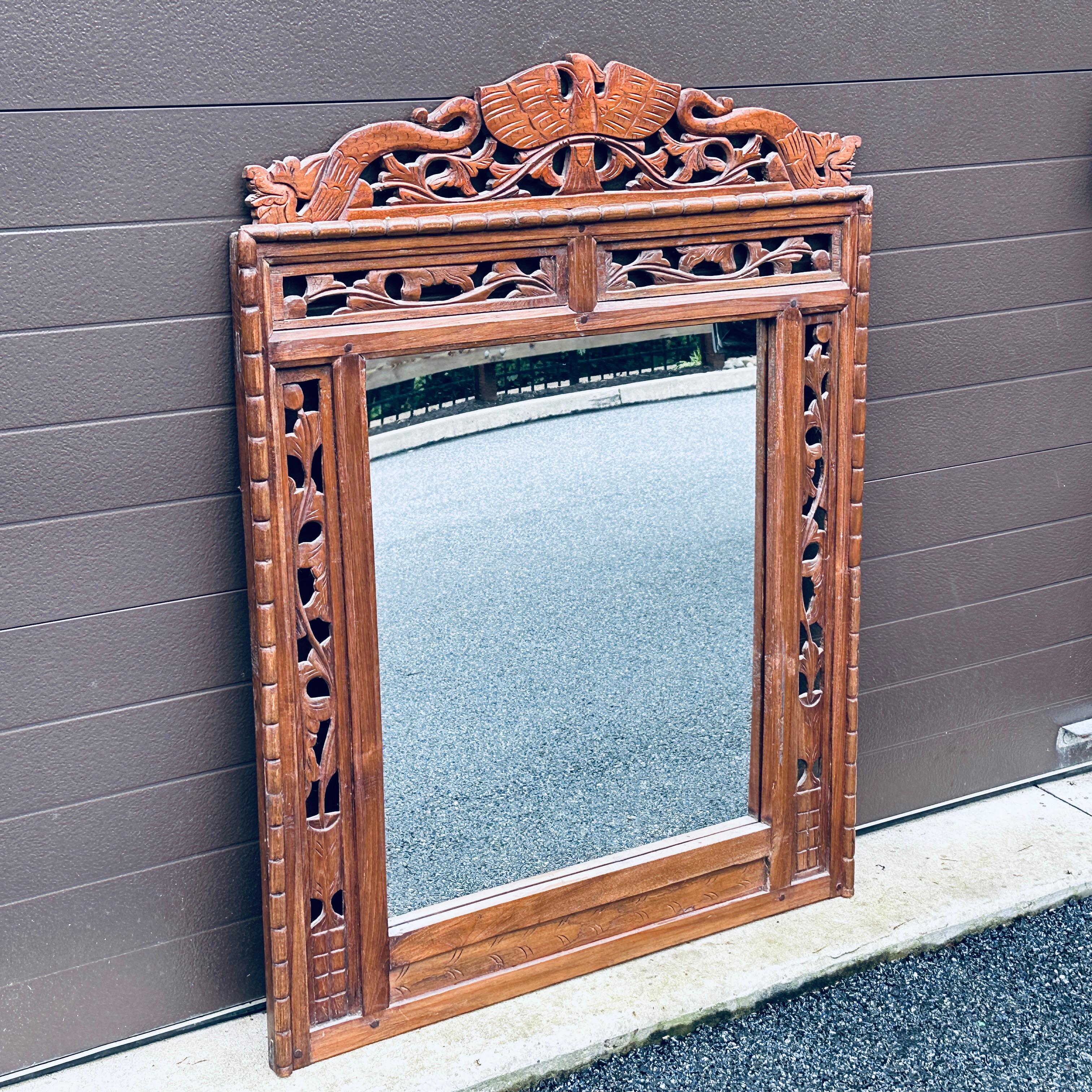 Anglo-Indian Antique Indonesian Hand Carved Teak Wall Mirror With Openwork For Sale