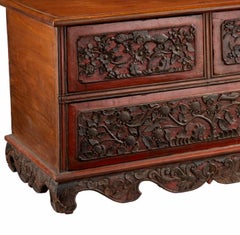 Antique Indonesian Madurese Javanese Chinoiserie Red Lacquered Carved Wood Chest