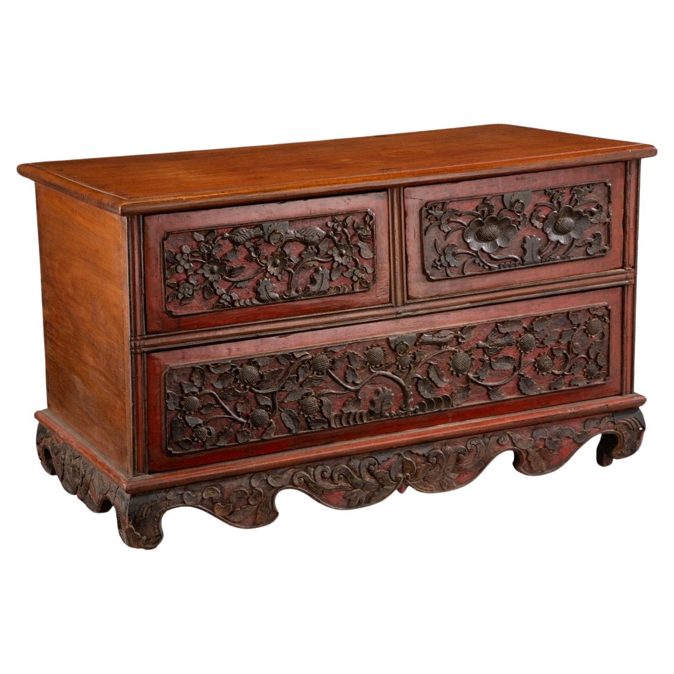 Antique Indonesian Madurese Javanese Chinoiserie Red Lacquered Carved Wood Chest