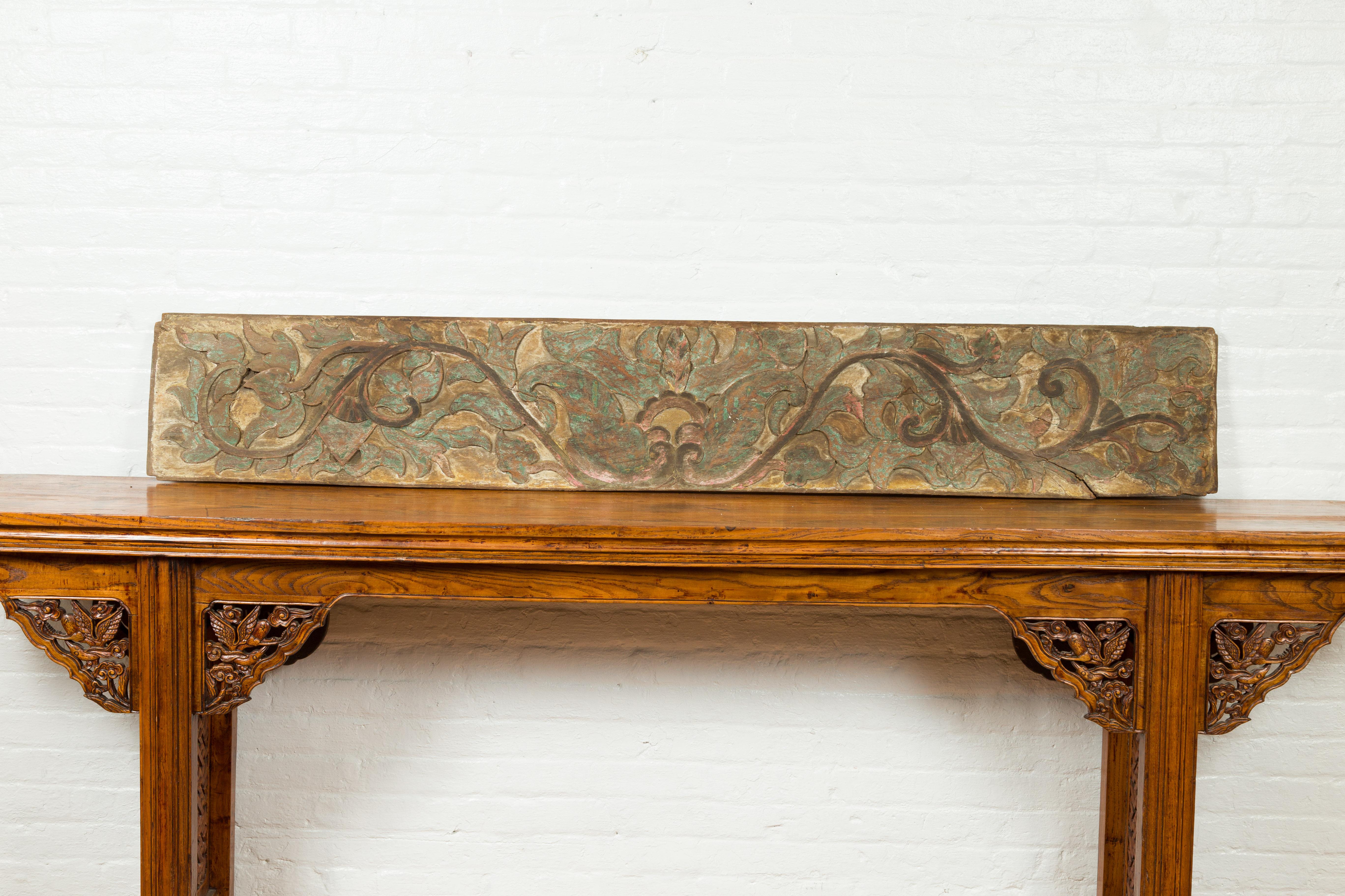 19th Century Antique Indonesian Painted and Carved Wood Door Panel with Scrolls and Foliage For Sale