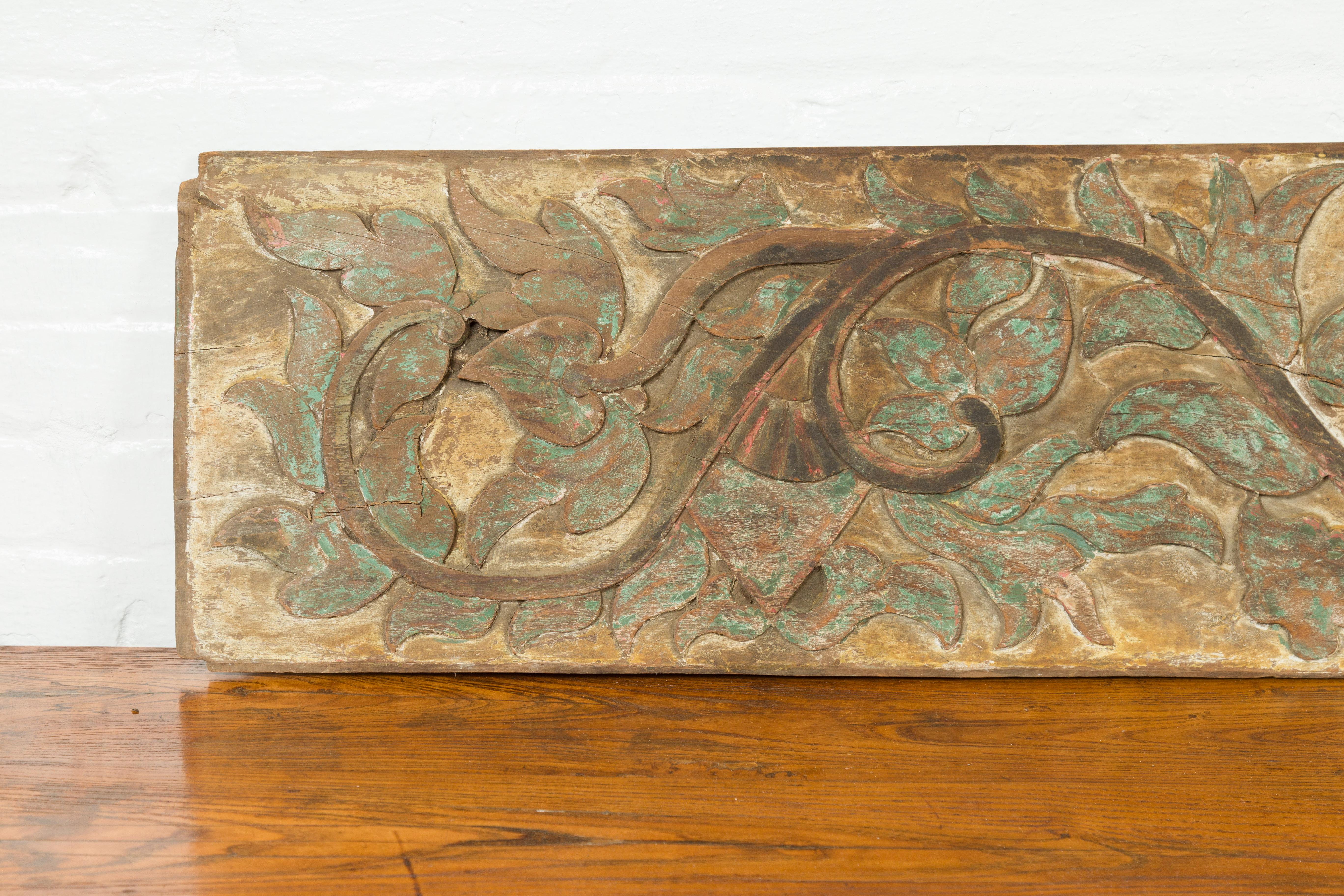 Antique Hand-Painted and Carved Wooden Door Panel with Scrolls and Foliage For Sale 2