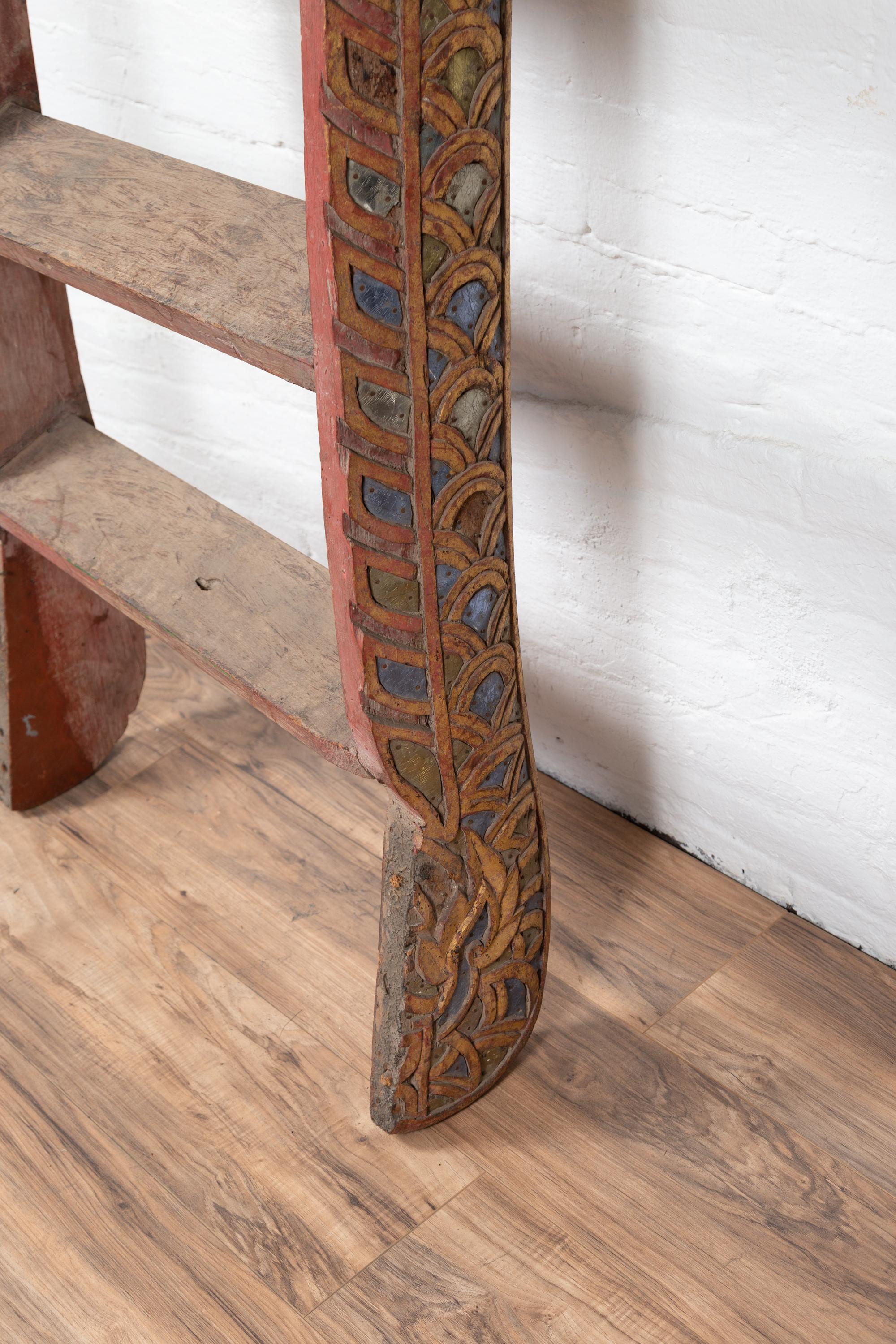 Indonesian Painted and Hand Carved Ladder with Colorful Glass Inlay 5