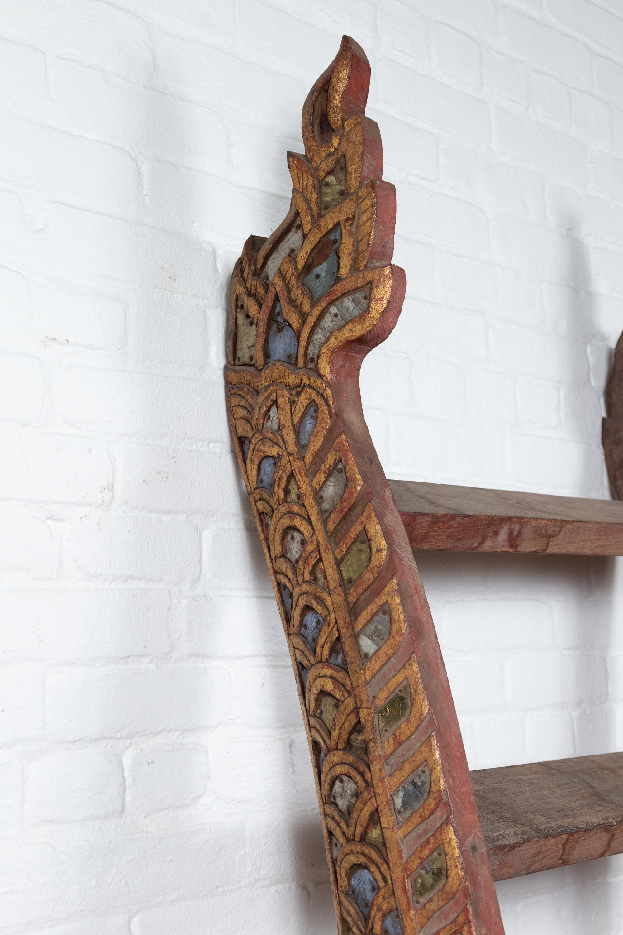 Indonesian Painted and Hand Carved Ladder with Colorful Glass Inlay 7