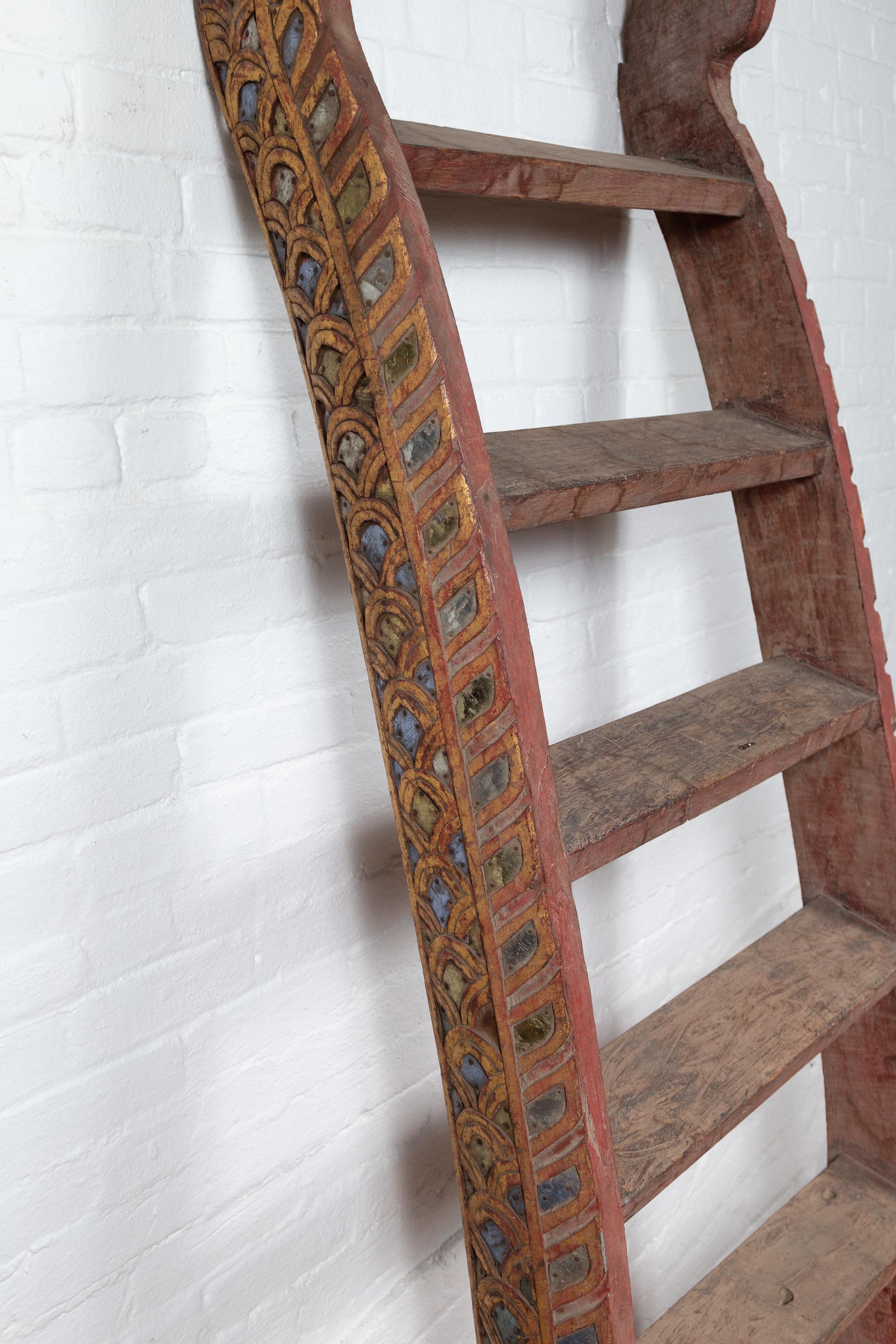 Indonesian Painted and Hand Carved Ladder with Colorful Glass Inlay 8
