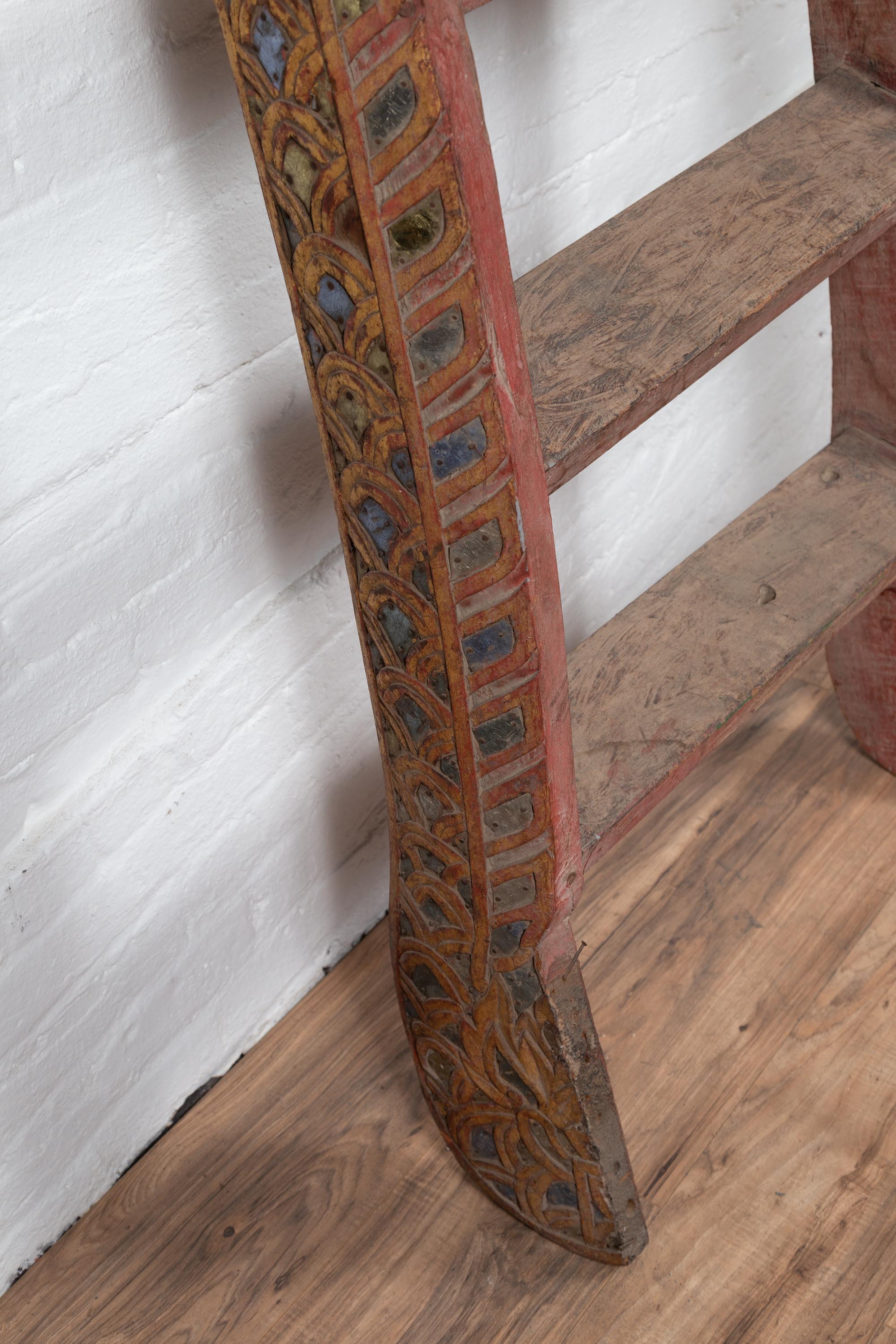 Indonesian Painted and Hand Carved Ladder with Colorful Glass Inlay 9