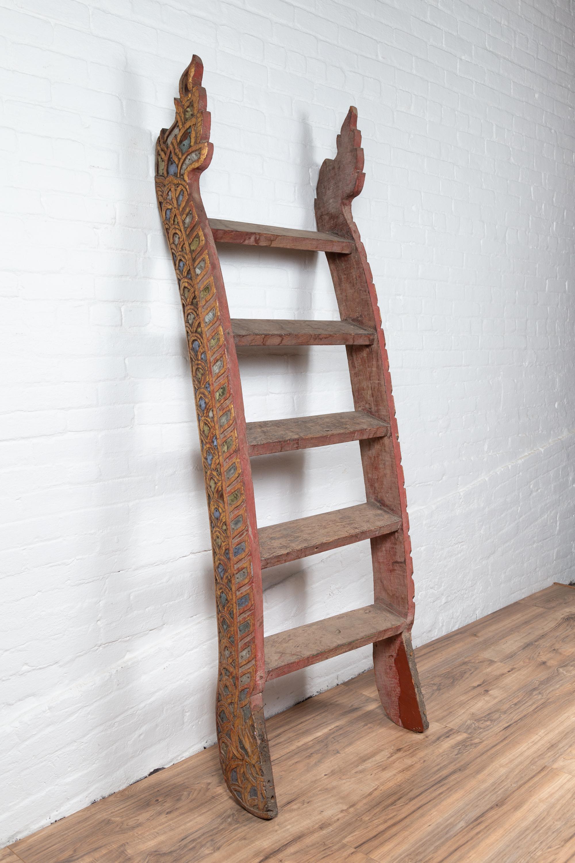 Hand-Carved Indonesian Painted and Hand Carved Ladder with Colorful Glass Inlay