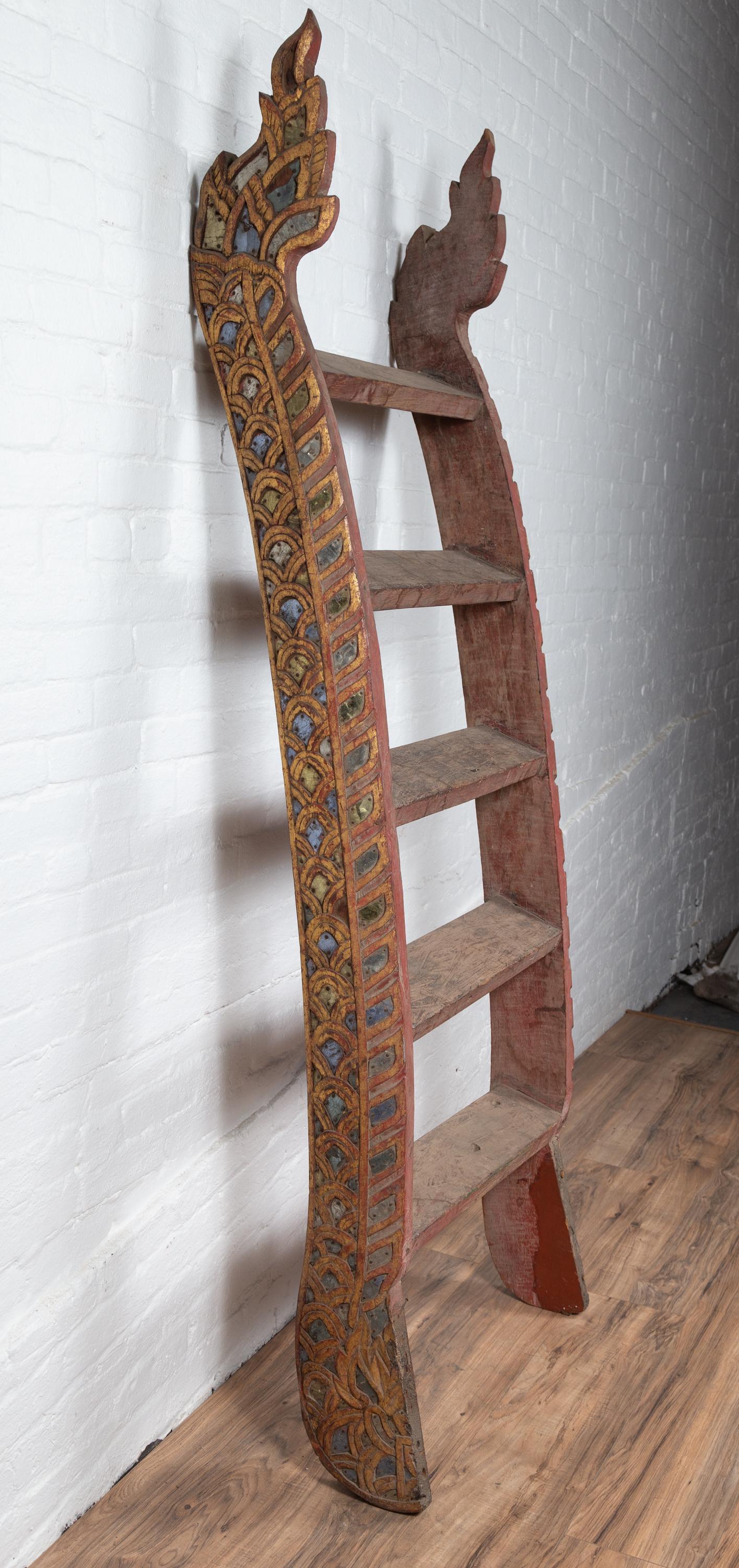20th Century Indonesian Painted and Hand Carved Ladder with Colorful Glass Inlay