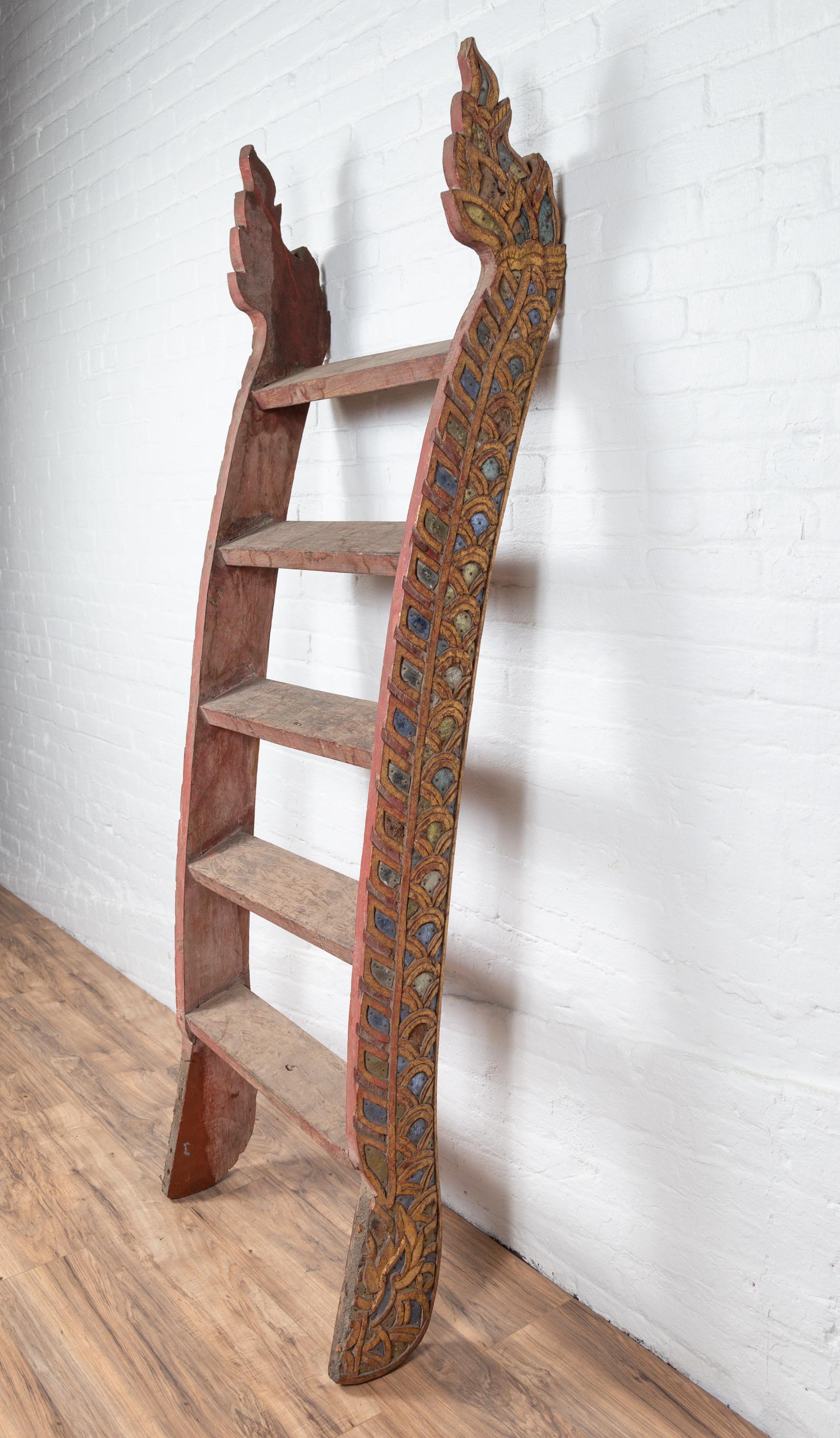 Indonesian Painted and Hand Carved Ladder with Colorful Glass Inlay 1