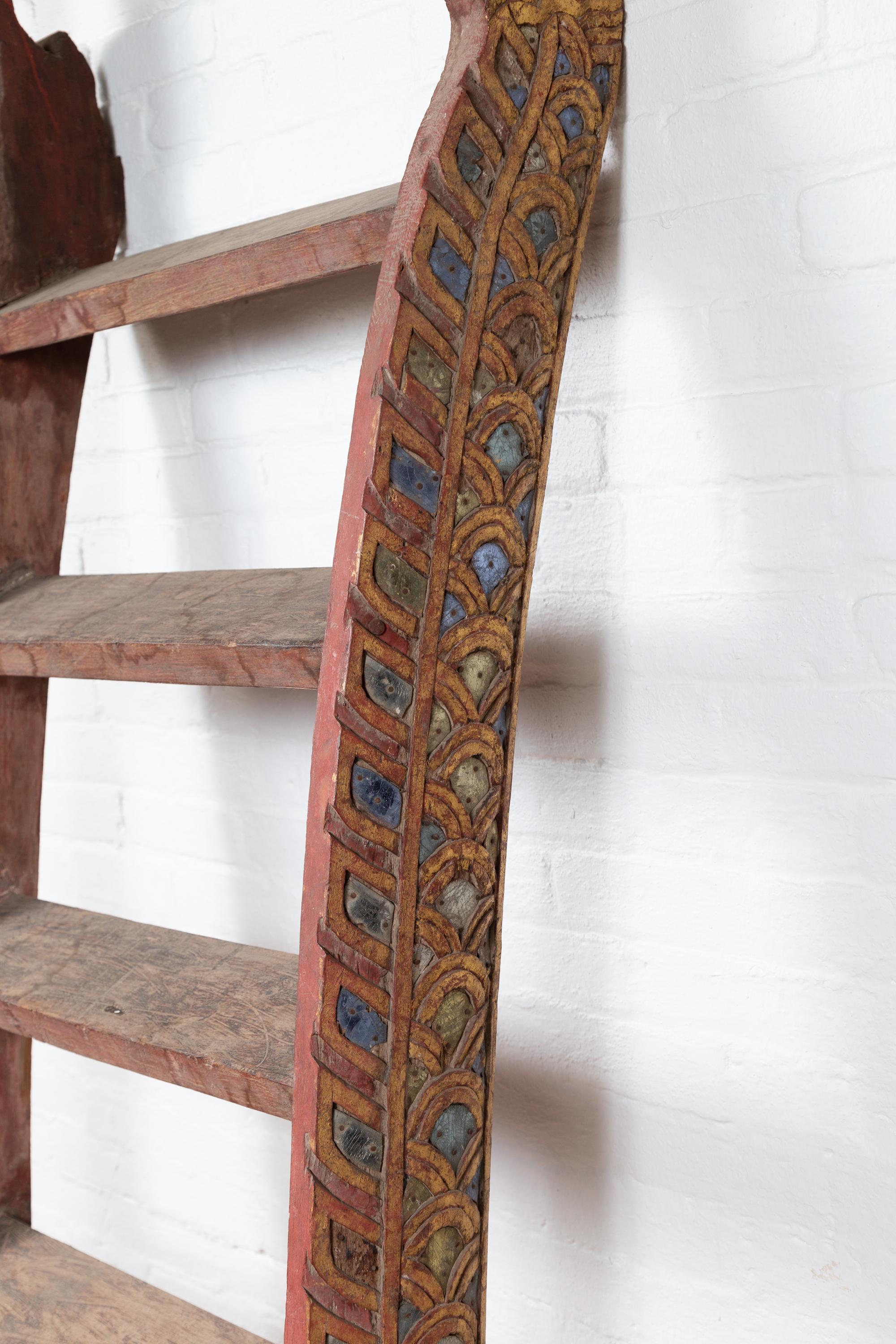 Indonesian Painted and Hand Carved Ladder with Colorful Glass Inlay 3