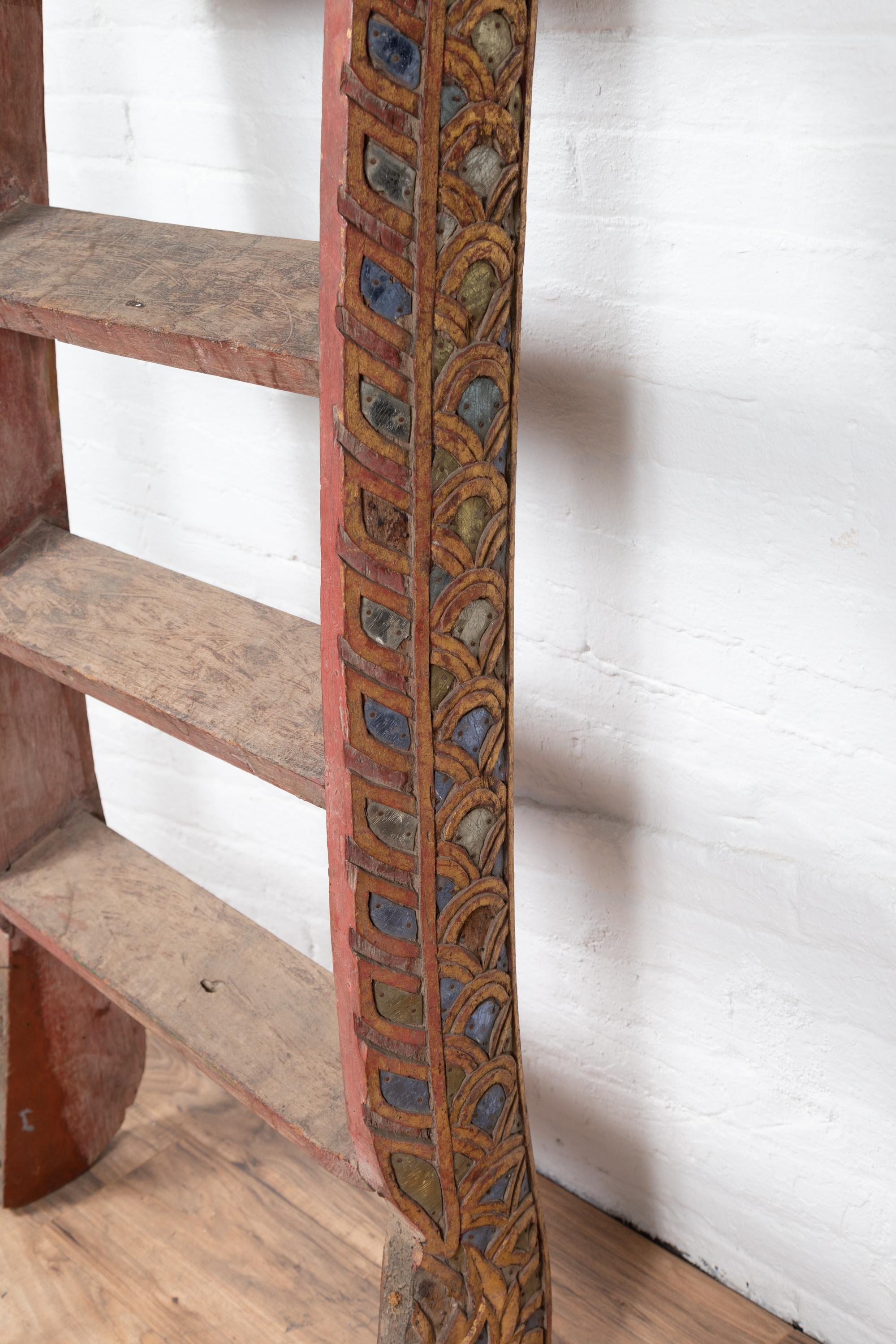 Indonesian Painted and Hand Carved Ladder with Colorful Glass Inlay 4
