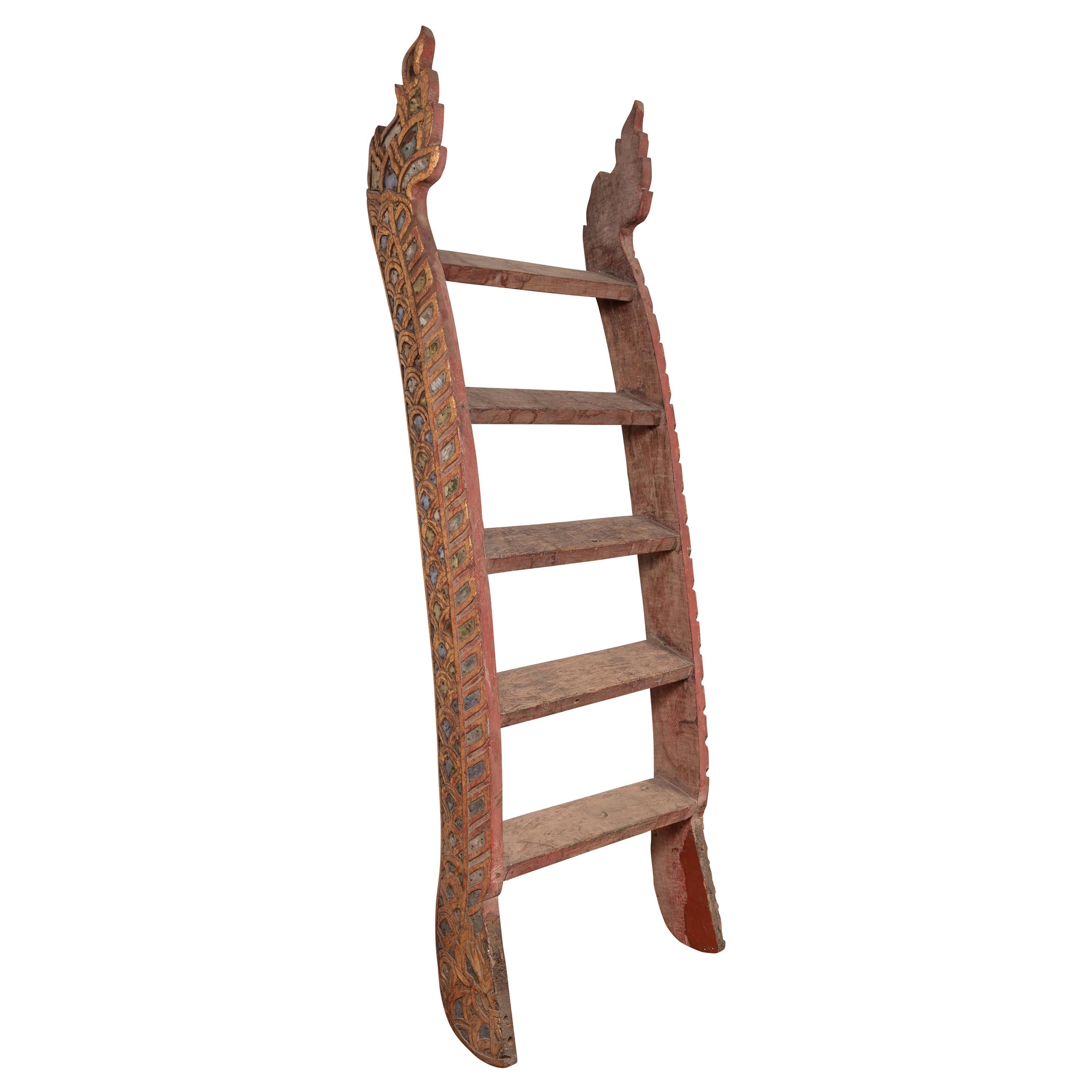 Indonesian Painted and Hand Carved Ladder with Colorful Glass Inlay