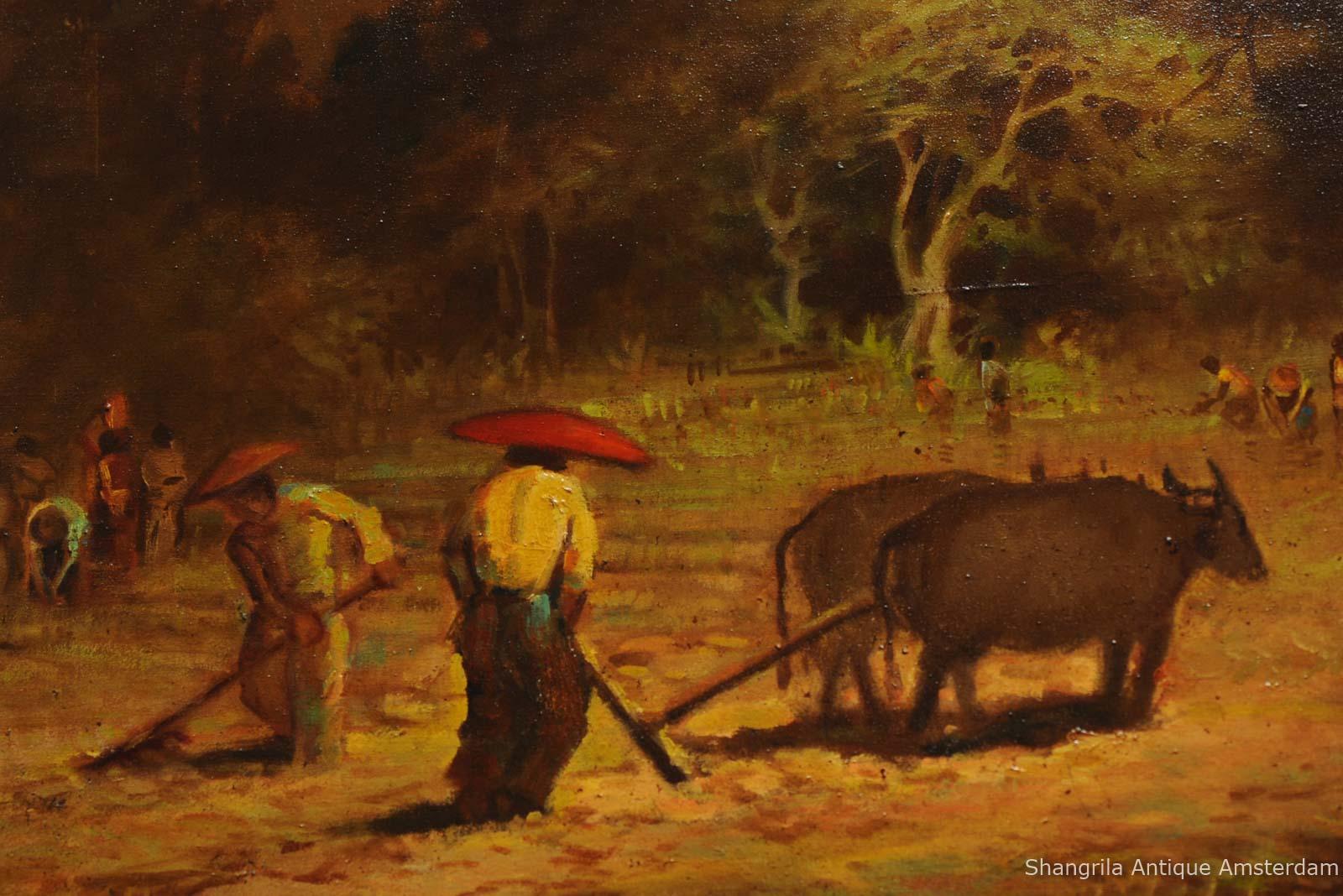 Antique Indonesian Painting Working on the Paddy Field Bandung, 1931 In Good Condition For Sale In Amsterdam, Noord Holland
