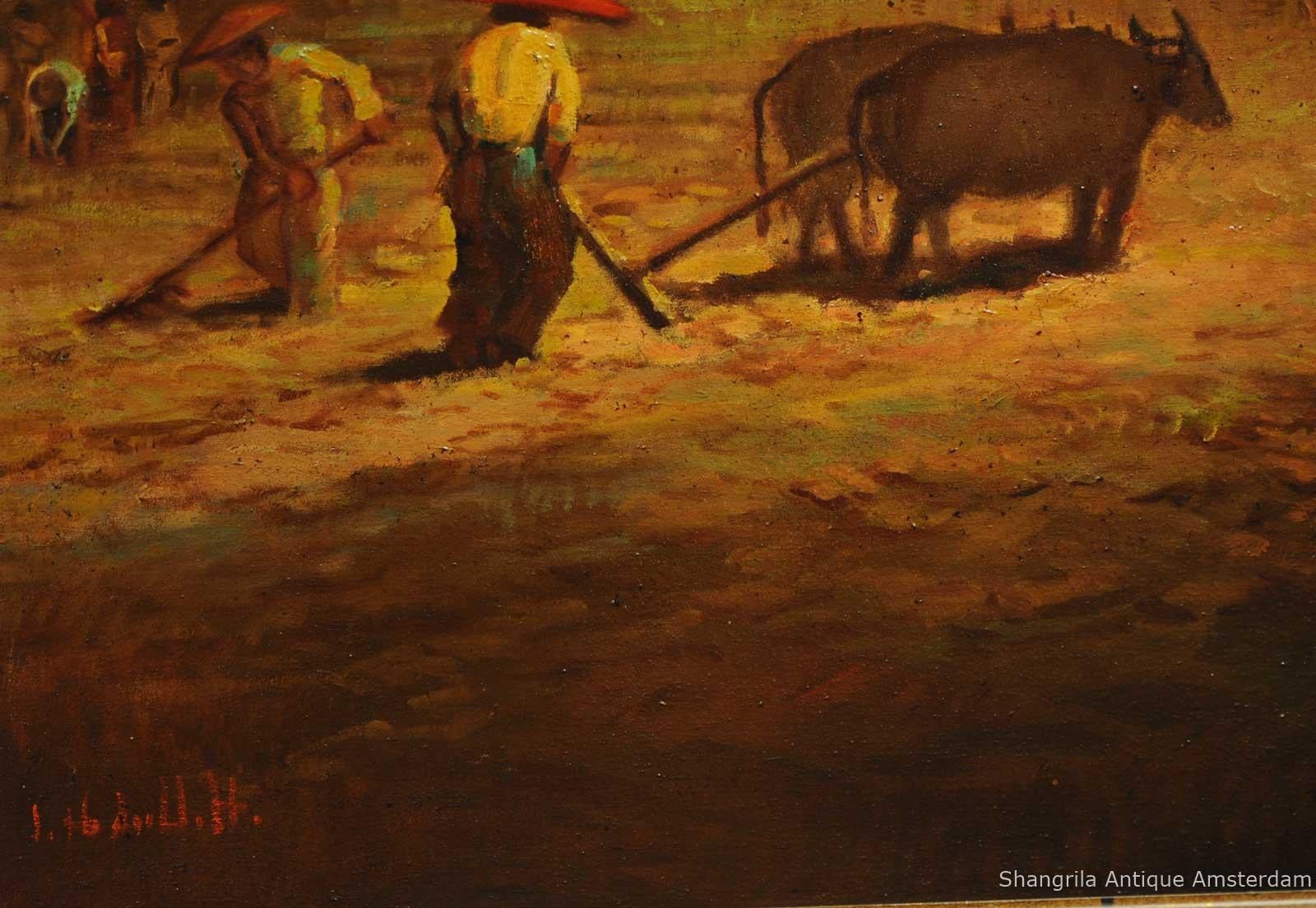 20th Century Antique Indonesian Painting Working on the Paddy Field Bandung, 1931 For Sale