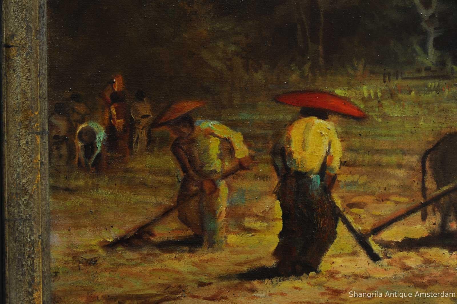 Antique Indonesian Painting Working on the Paddy Field Bandung, 1931 For Sale 2