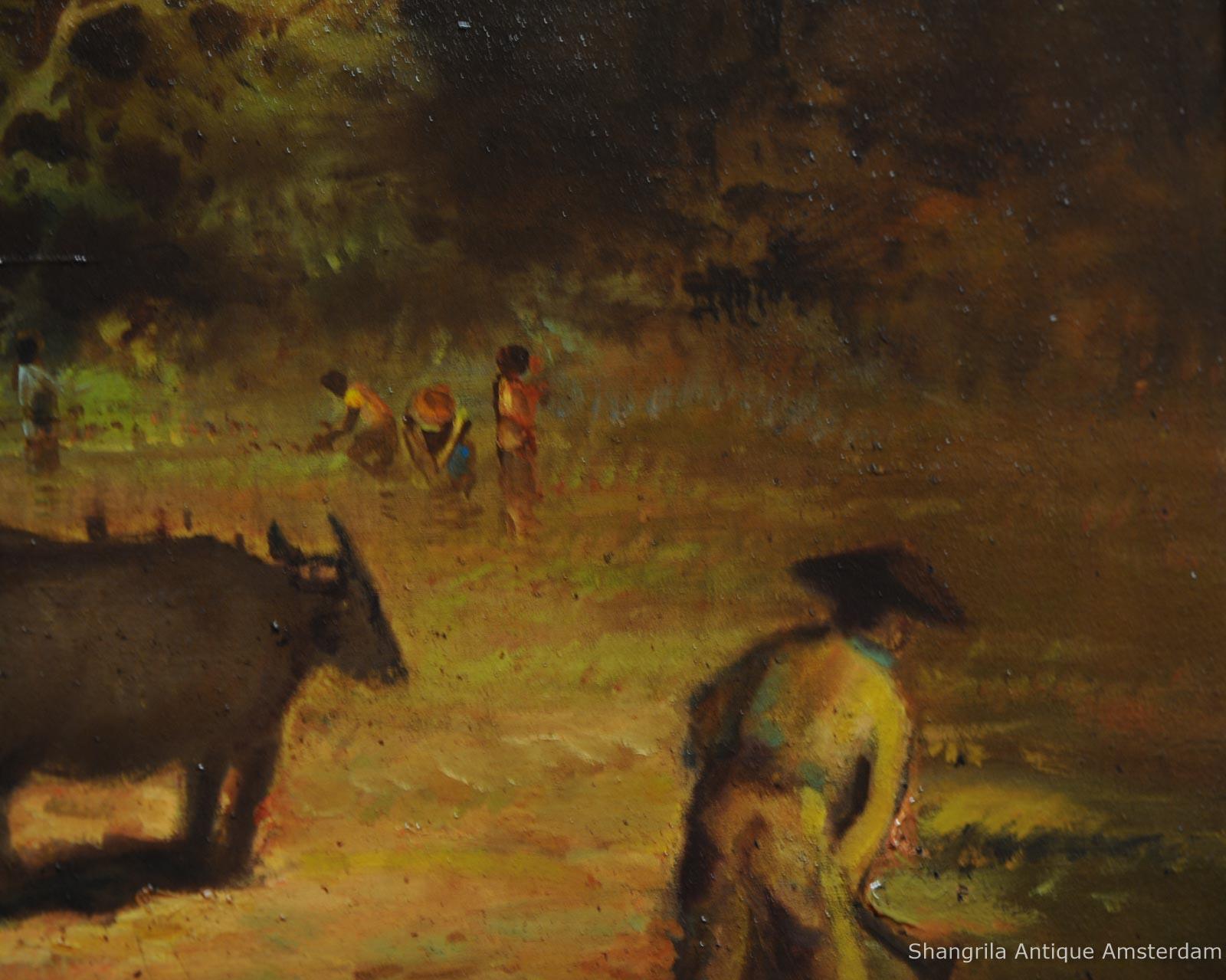 Antique Indonesian Painting Working on the Paddy Field Bandung, 1931 For Sale 4