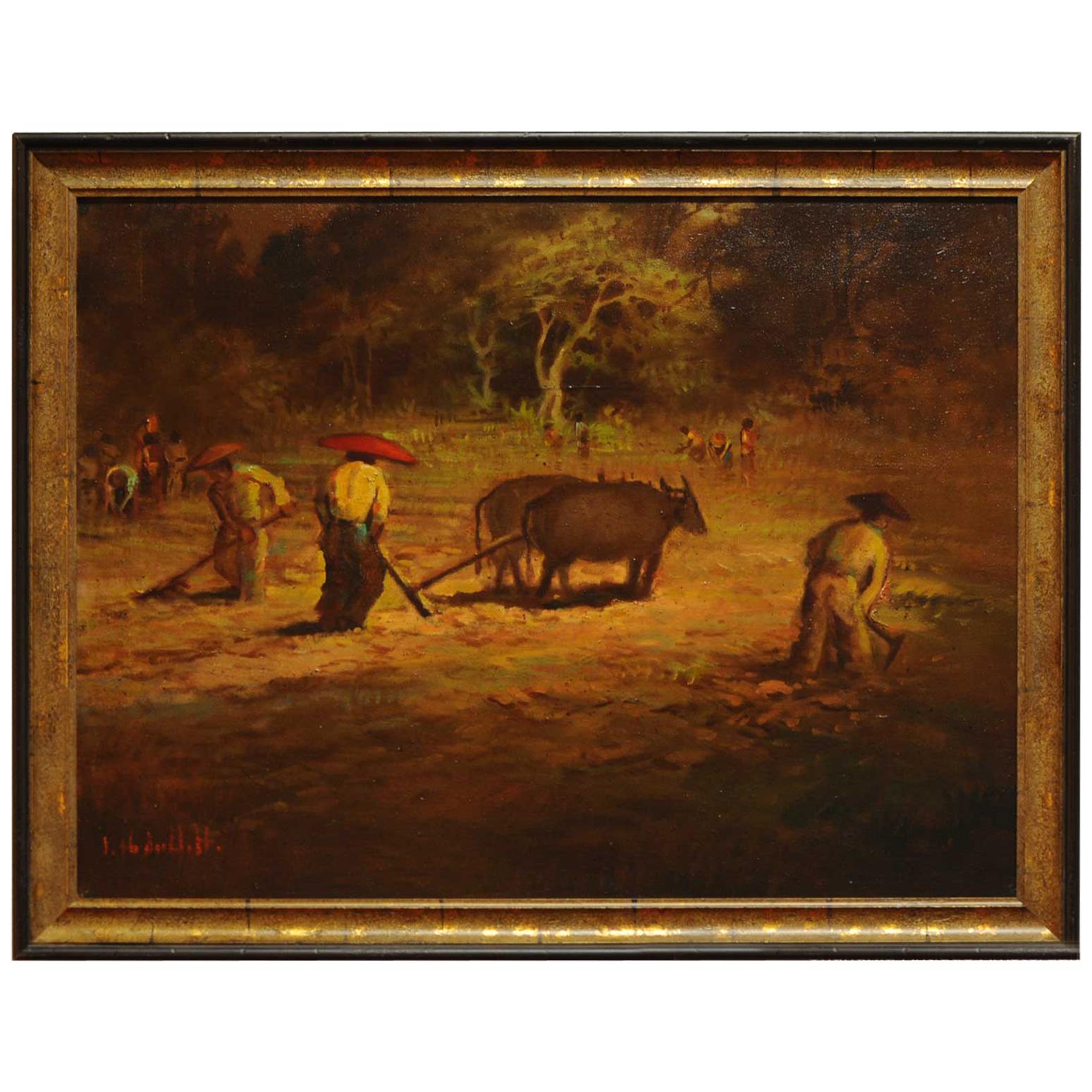 Antique Indonesian Painting Working on the Paddy Field Bandung, 1931 For Sale