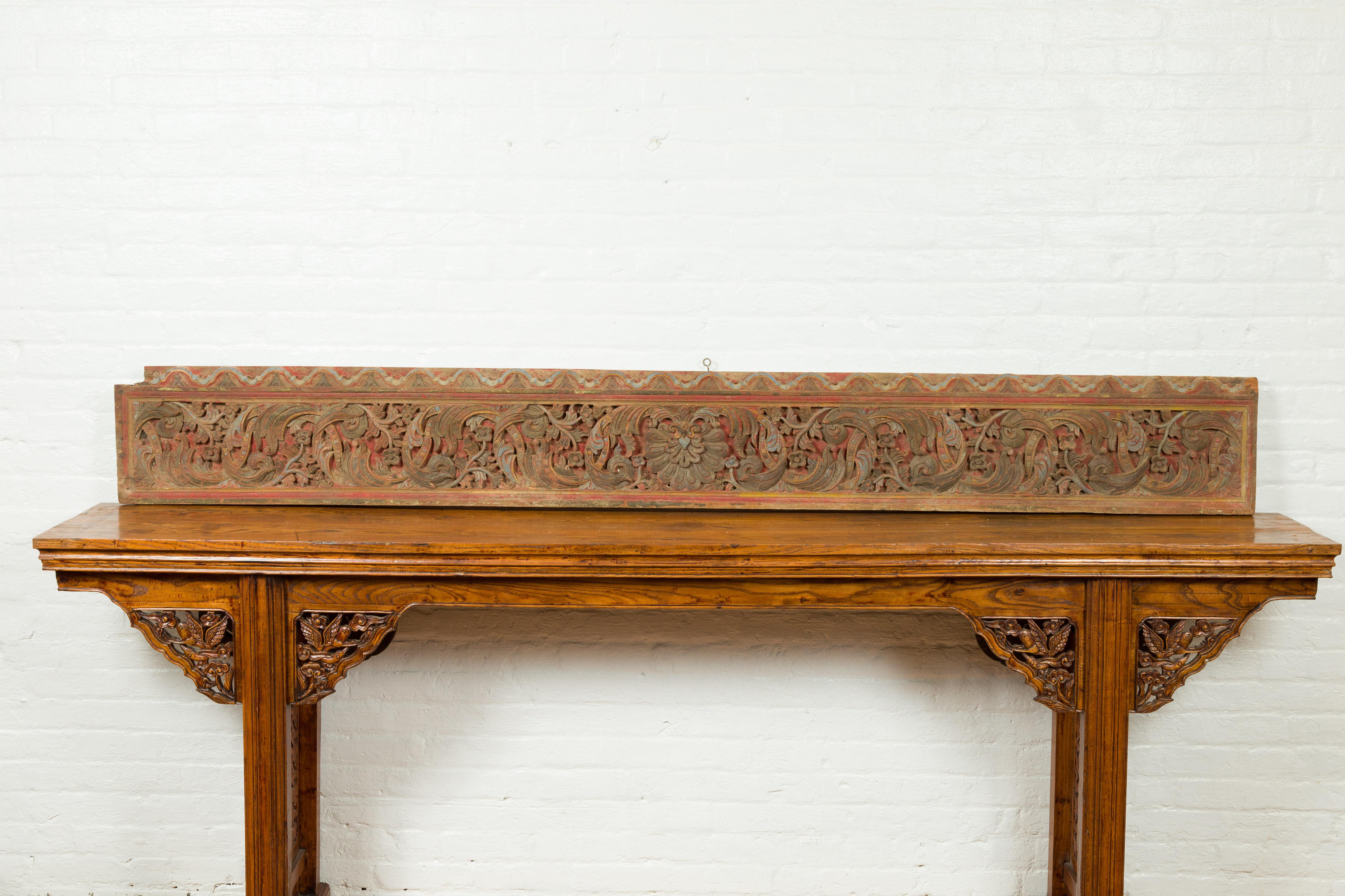 Antique Indonesian Polychrome Temple Carving with Raised Rinceaux Frieze In Good Condition In Yonkers, NY