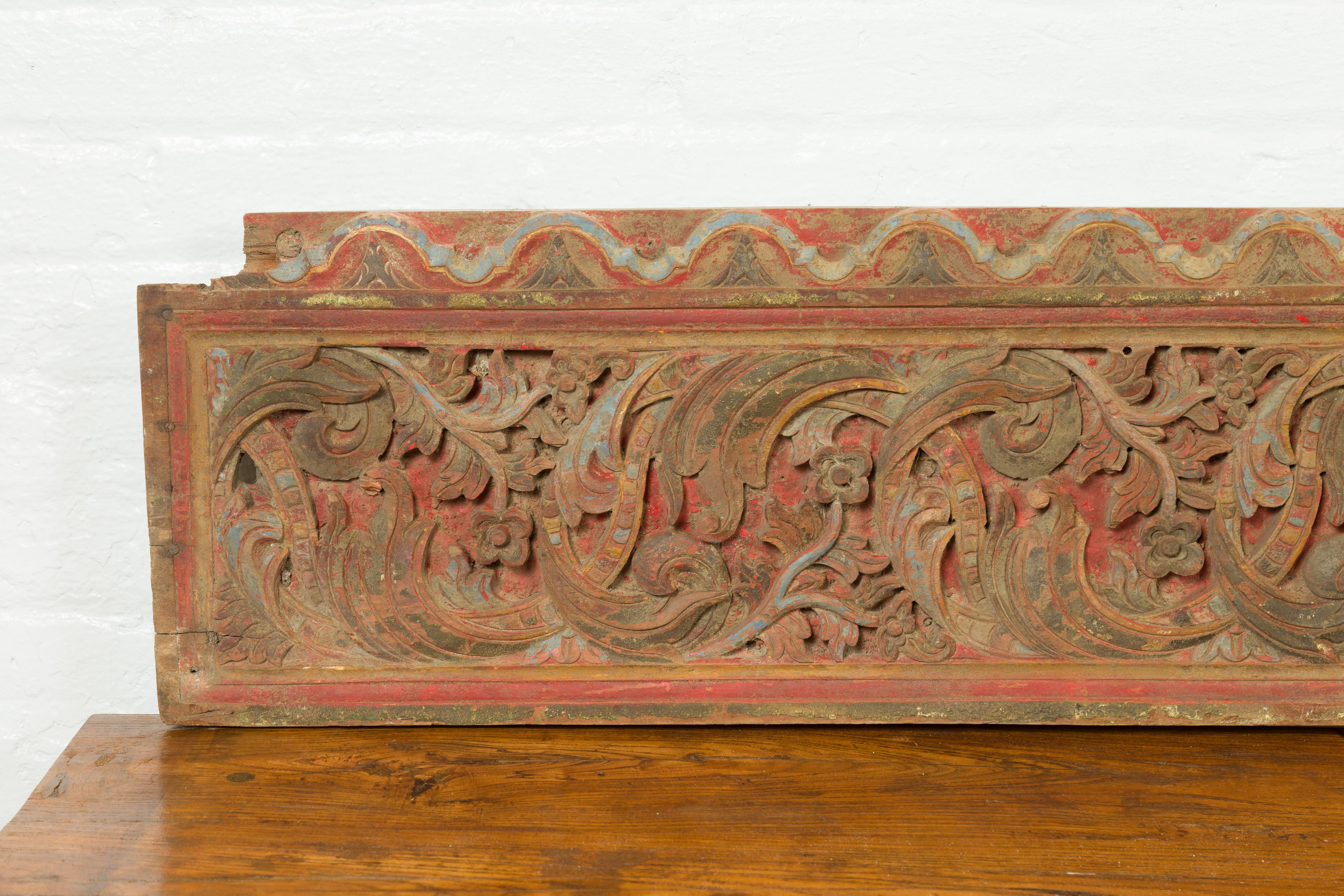 19th Century Antique Indonesian Polychrome Temple Carving with Raised Rinceaux Frieze