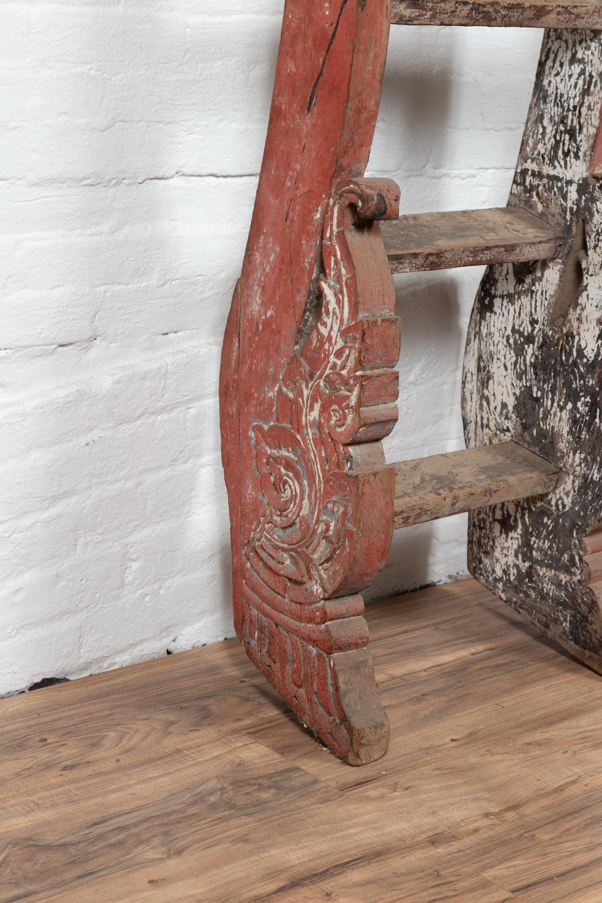 Antique Indonesian Red Painted and Hand Carved Ladder with Distressed Finish 4