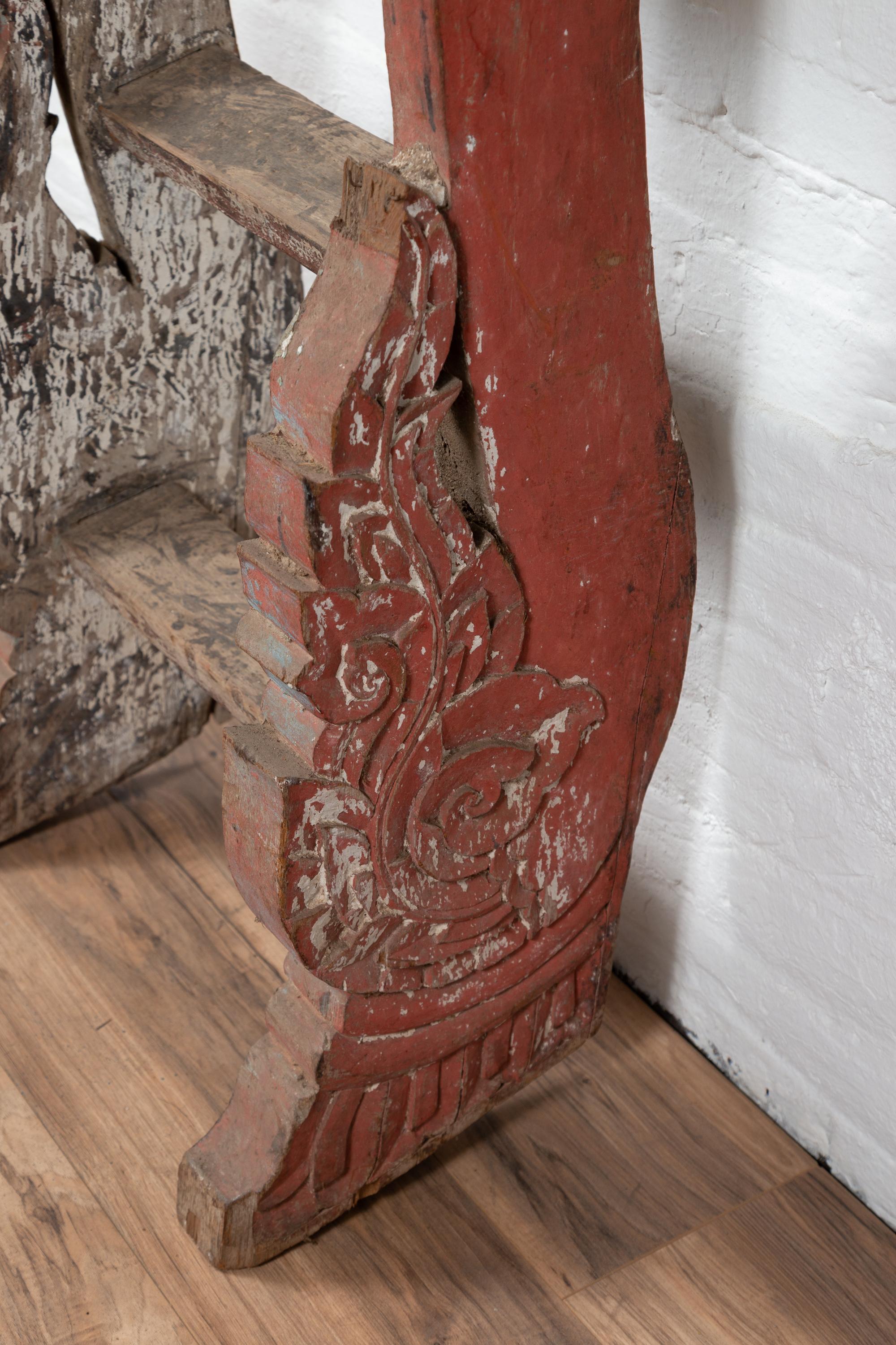 Antique Indonesian Red Painted and Hand Carved Ladder with Distressed Finish 7