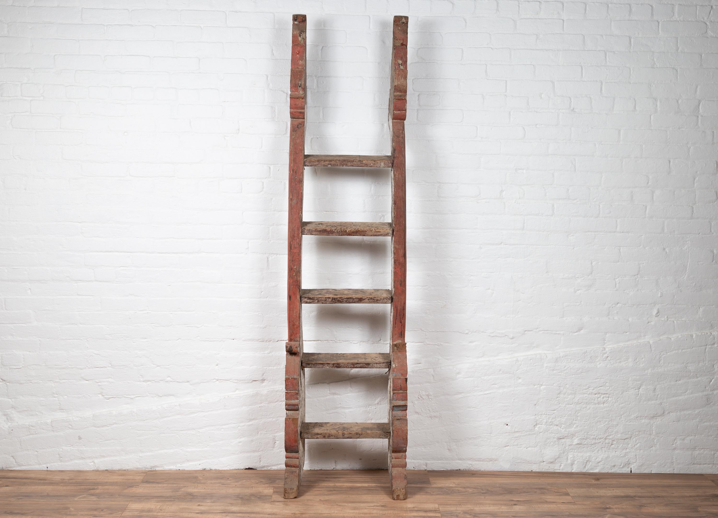 Asian Antique Indonesian Red Painted and Hand Carved Ladder with Distressed Finish