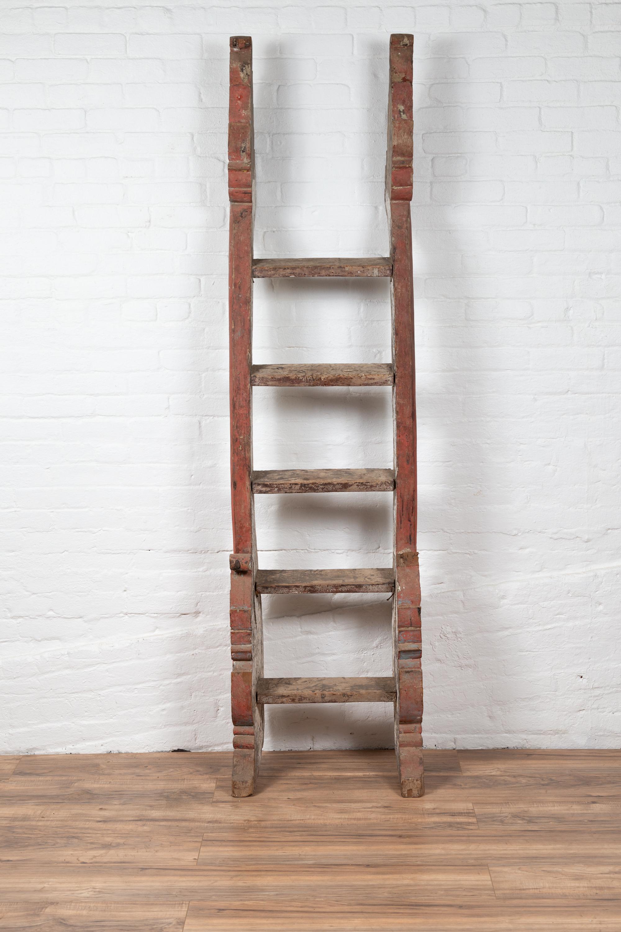 Hand-Carved Antique Indonesian Red Painted and Hand Carved Ladder with Distressed Finish