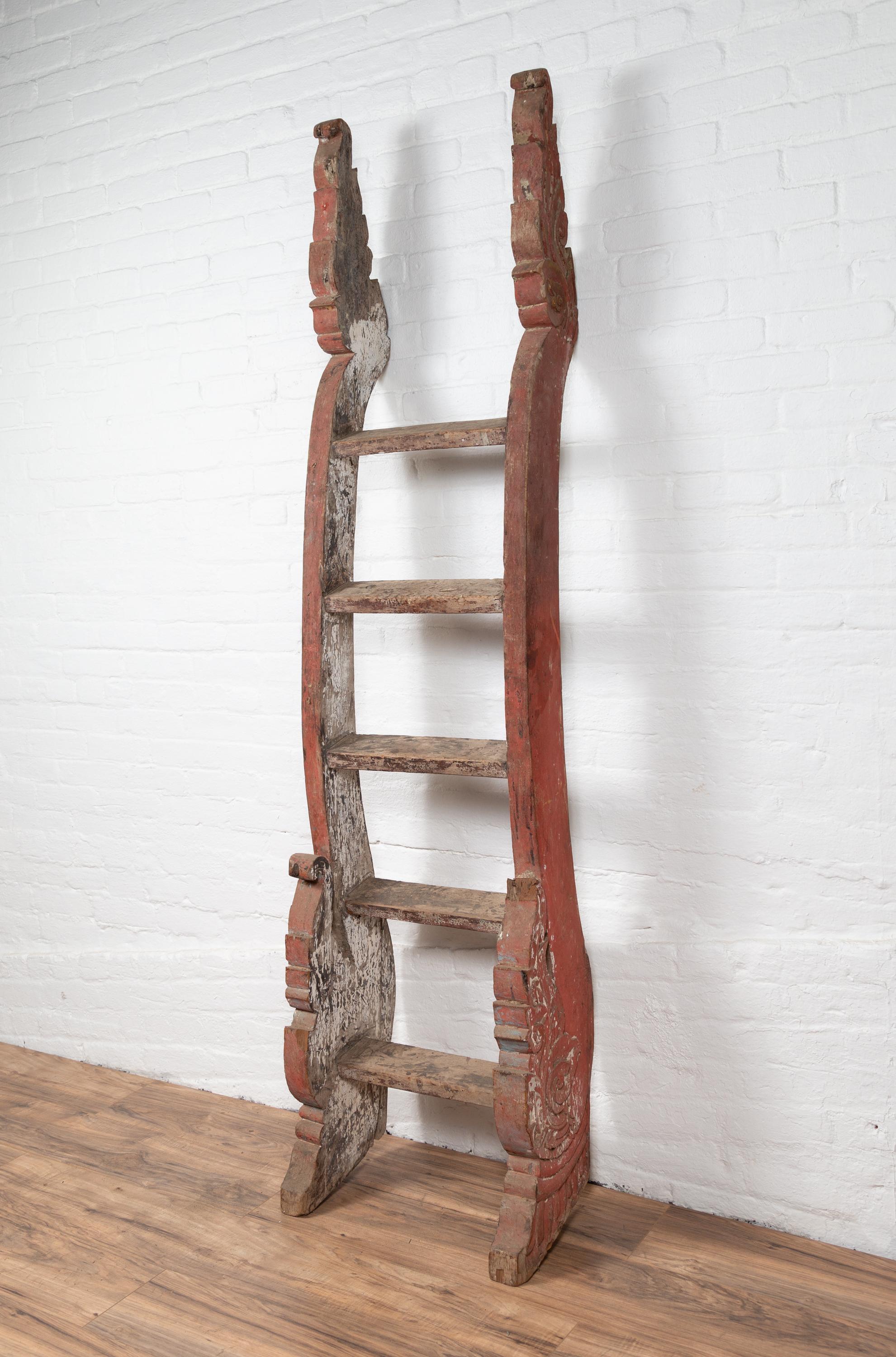 Wood Antique Indonesian Red Painted and Hand Carved Ladder with Distressed Finish