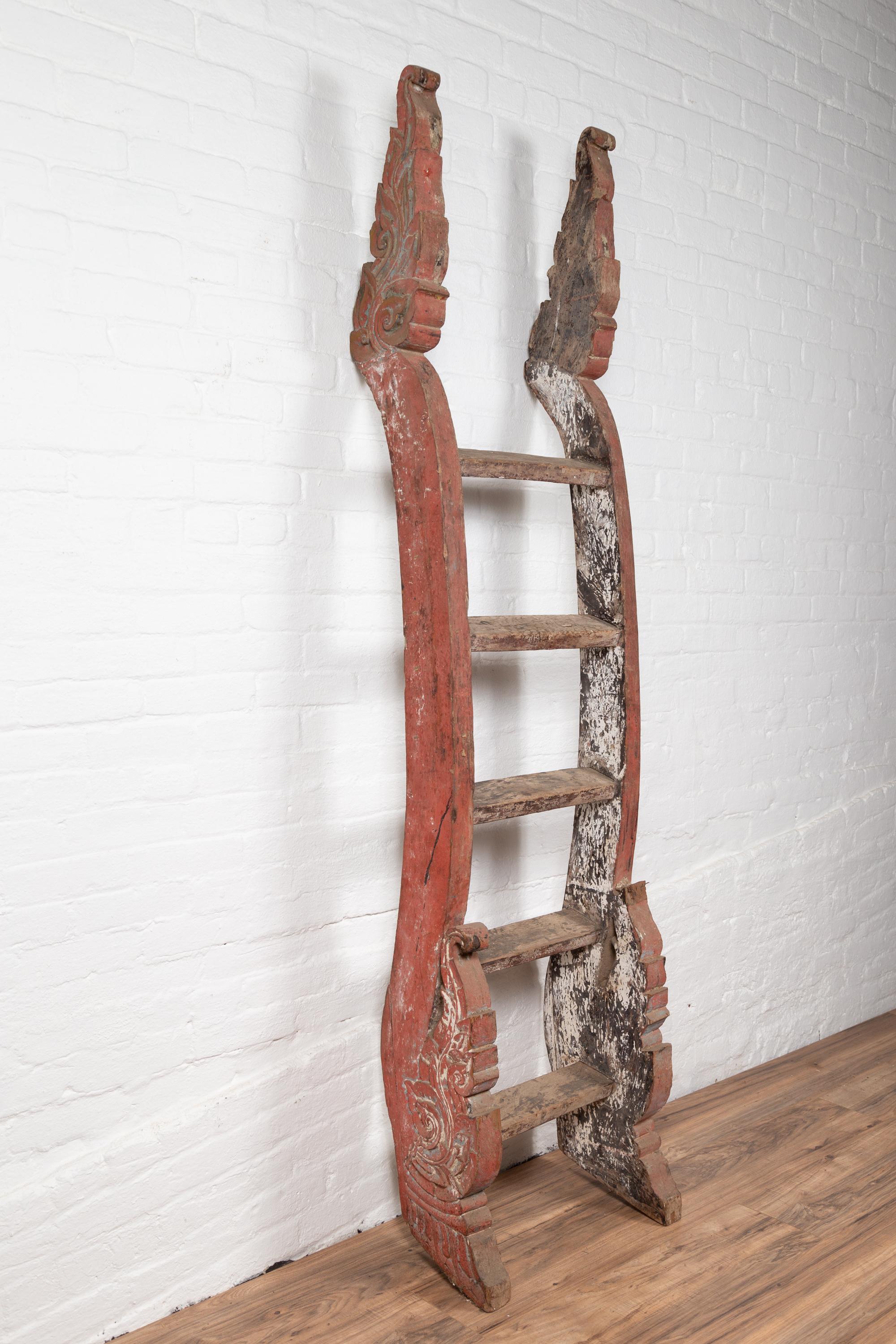 Antique Indonesian Red Painted and Hand Carved Ladder with Distressed Finish 1