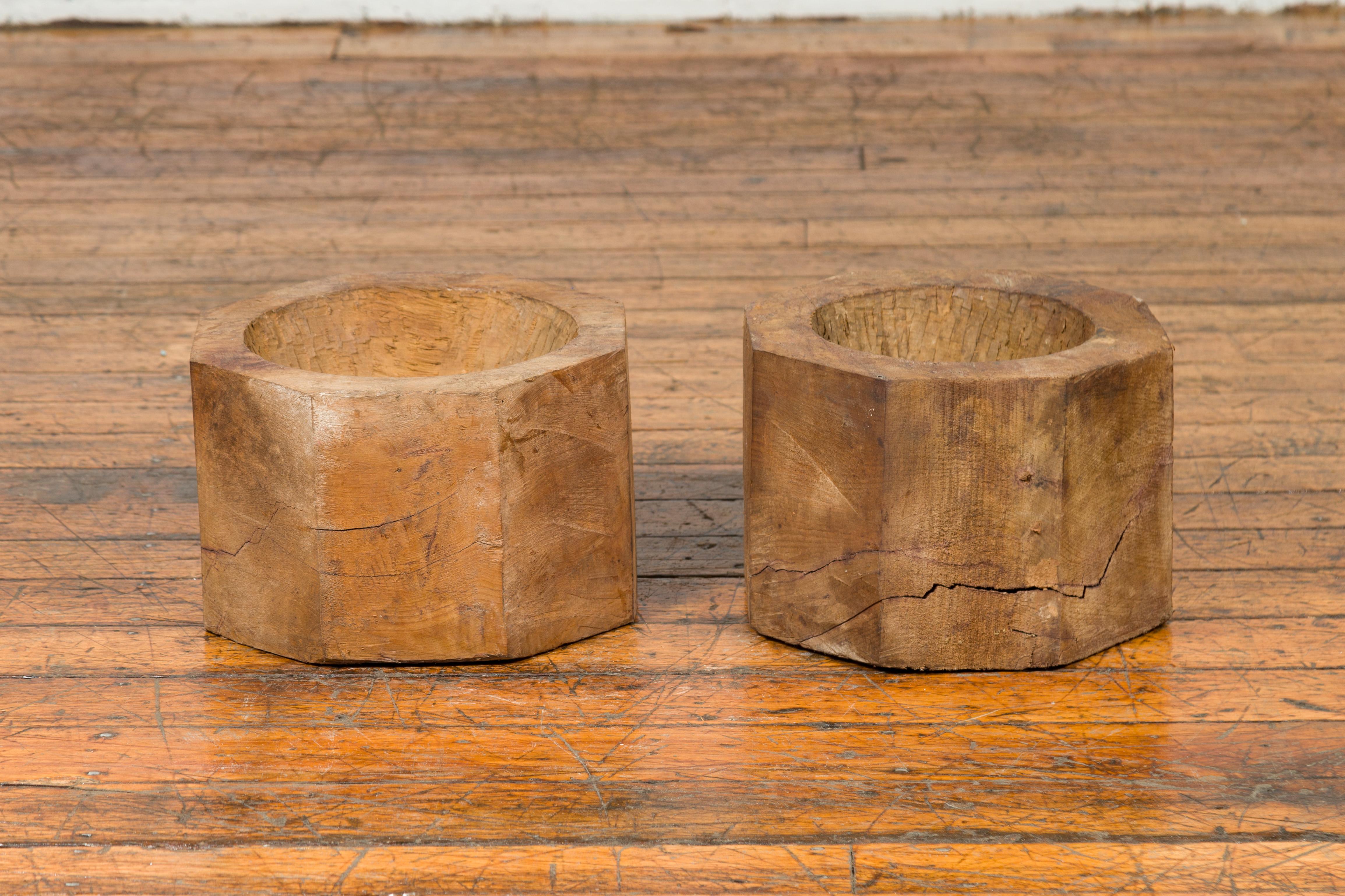 19th Century Antique Indonesian Rustic Octagonal Wooden Planters Made from Tree Trunks For Sale