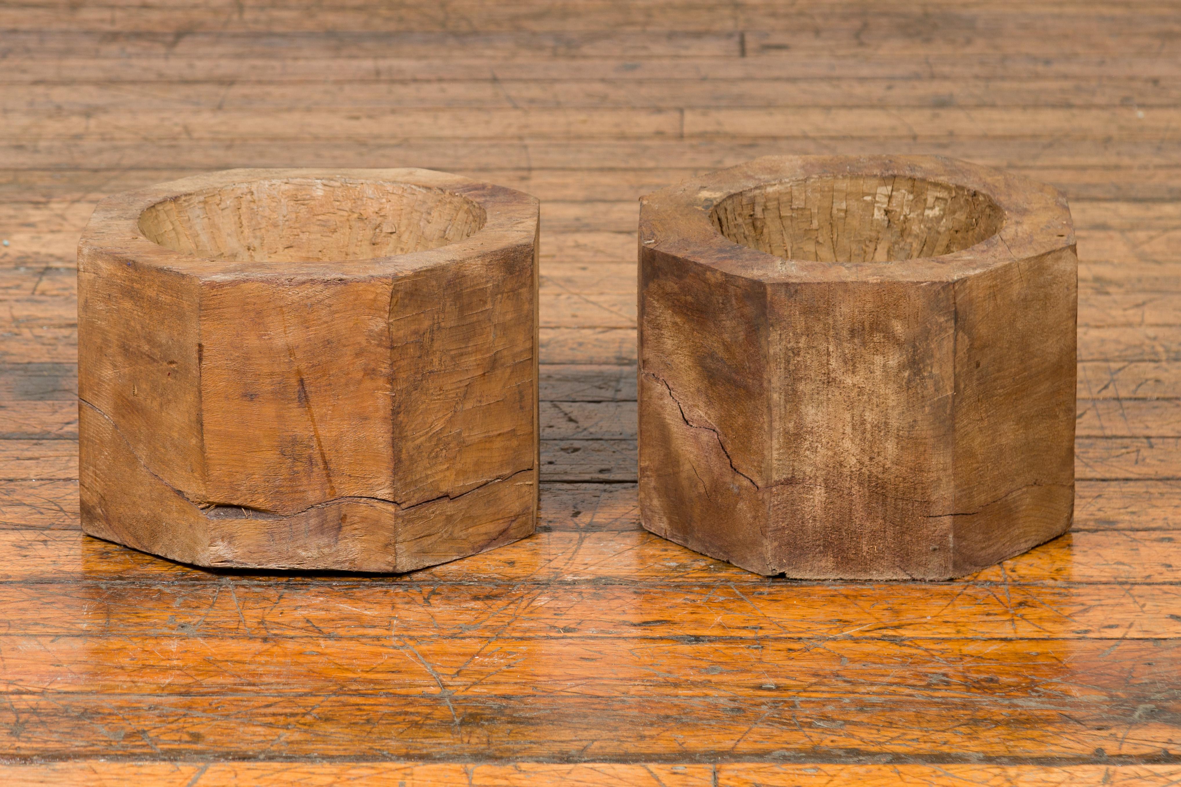 Antique Indonesian Rustic Octagonal Wooden Planters Made from Tree Trunks For Sale 2