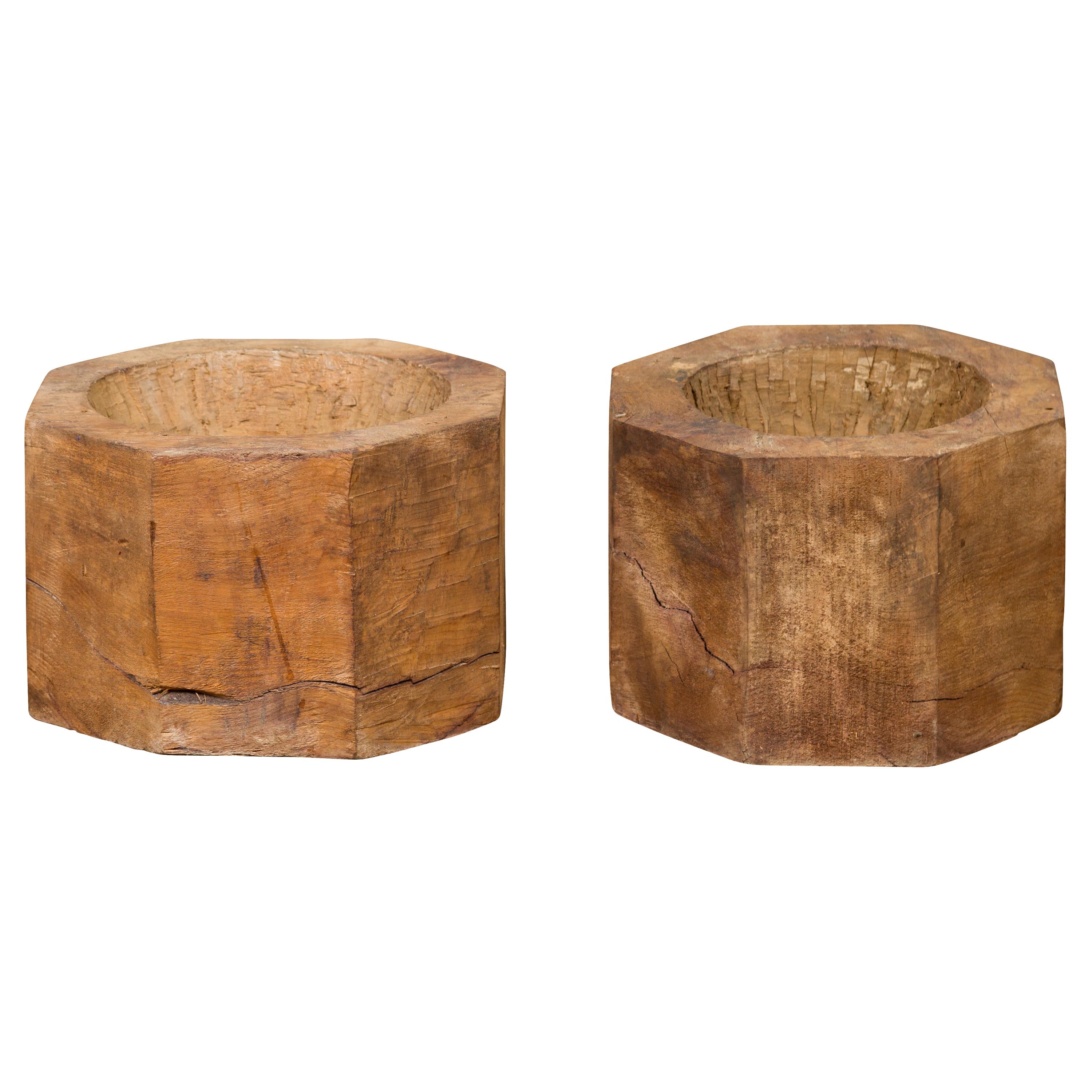 Antique Indonesian Rustic Octagonal Wooden Planters Made from Tree Trunks