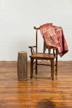 Sculptural Antique Folk Freestanding Wooden Drum with Leather Drumhead