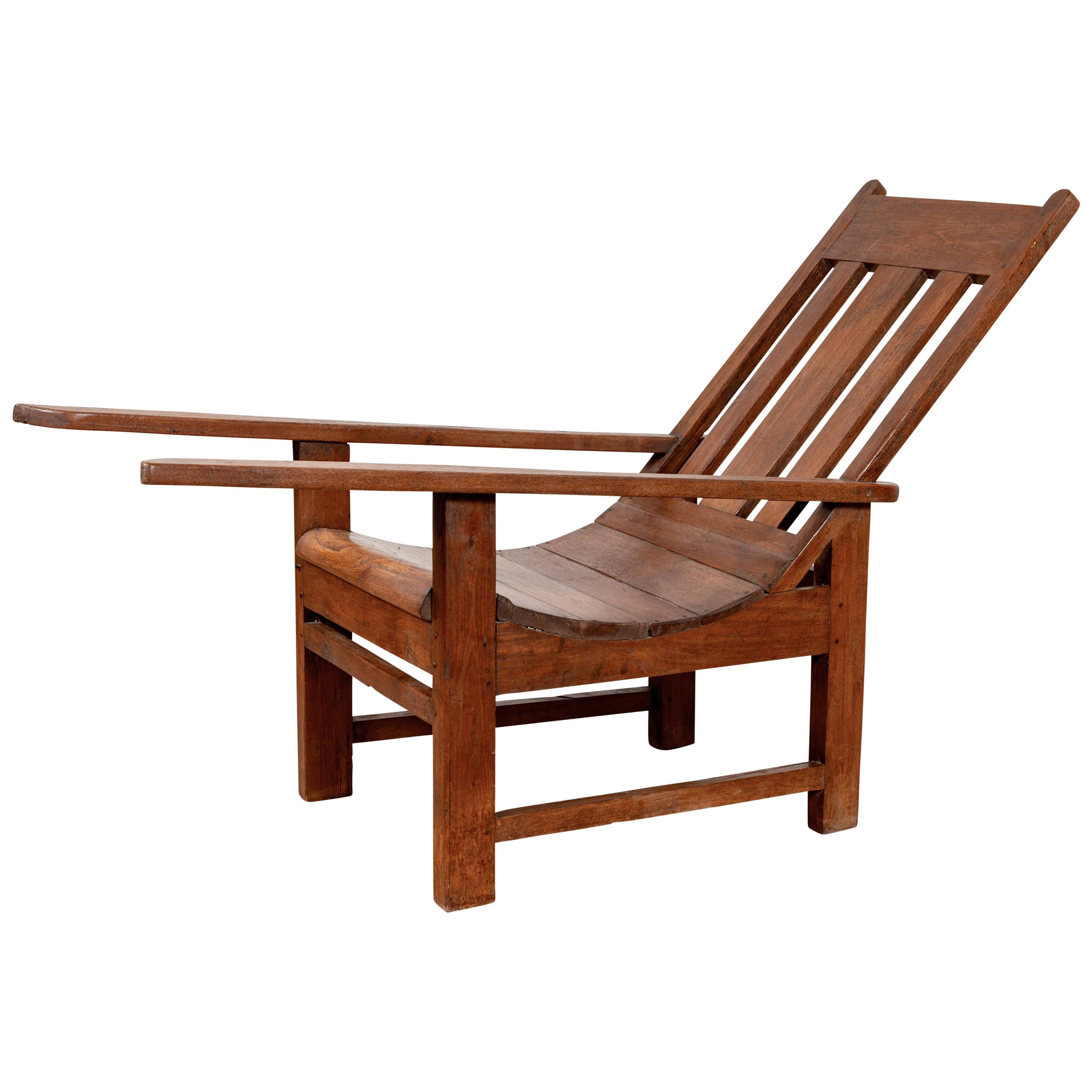 Antique Indonesian Teak Plantation Lounge Chair from Madura with Slanted Back For Sale