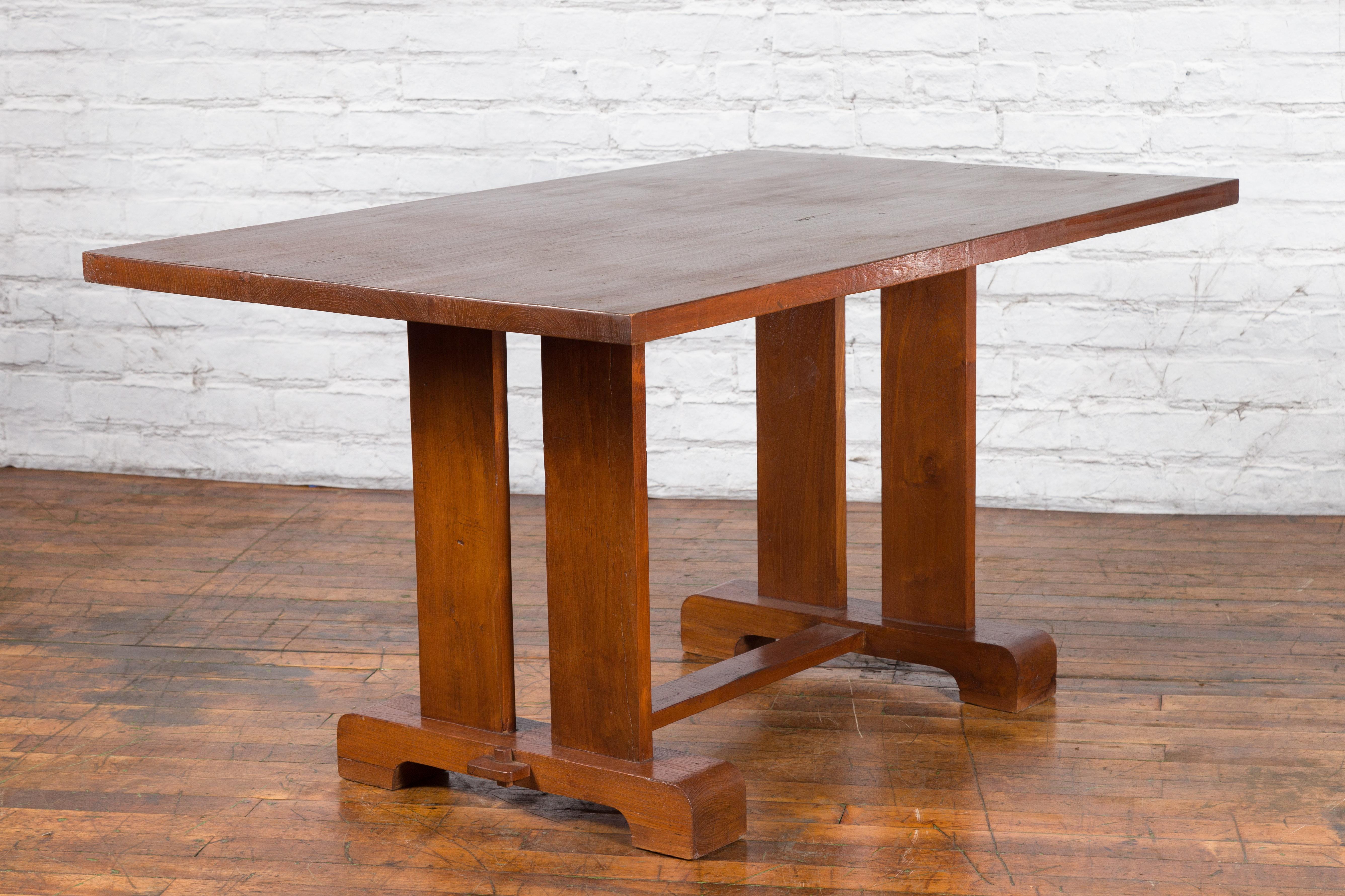 Antique Indonesian Teakwood Dining Table with Trestle Base and Brown Patina 3