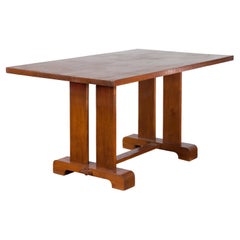Mesa de comedor antigua de madera de teca indonesia con base de caballete y pátina marrón