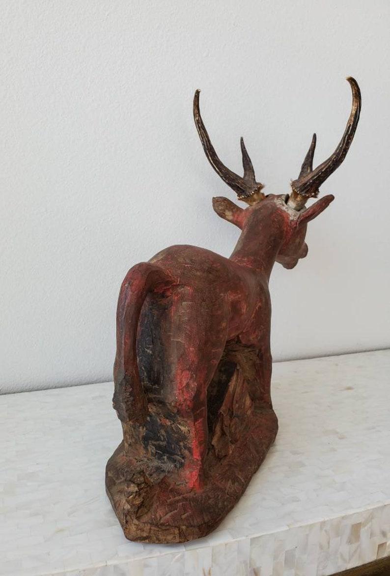Wood Antique Indonesian Carved Deer Architectural Temple Sculpture  For Sale