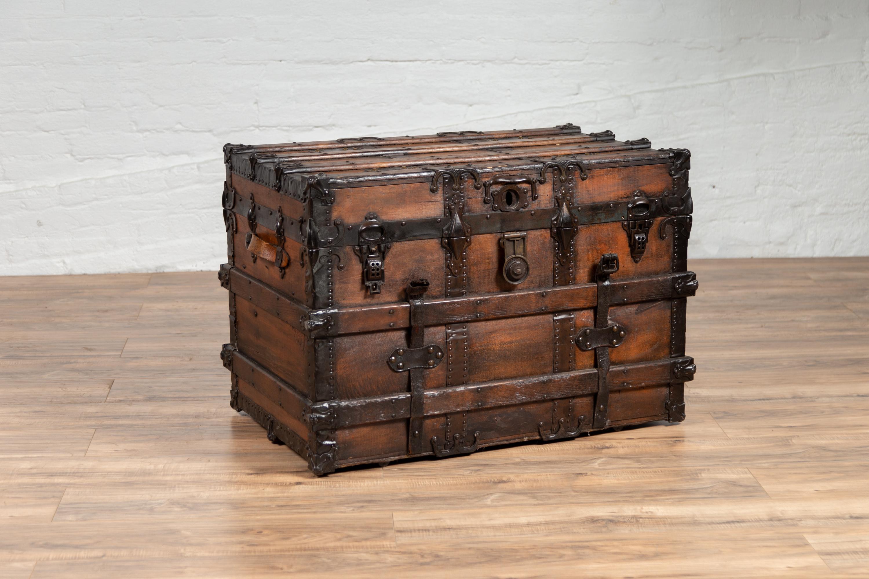 Antique Indonesian Travel Treasure Chest with Brown Patina and Leather Details 3