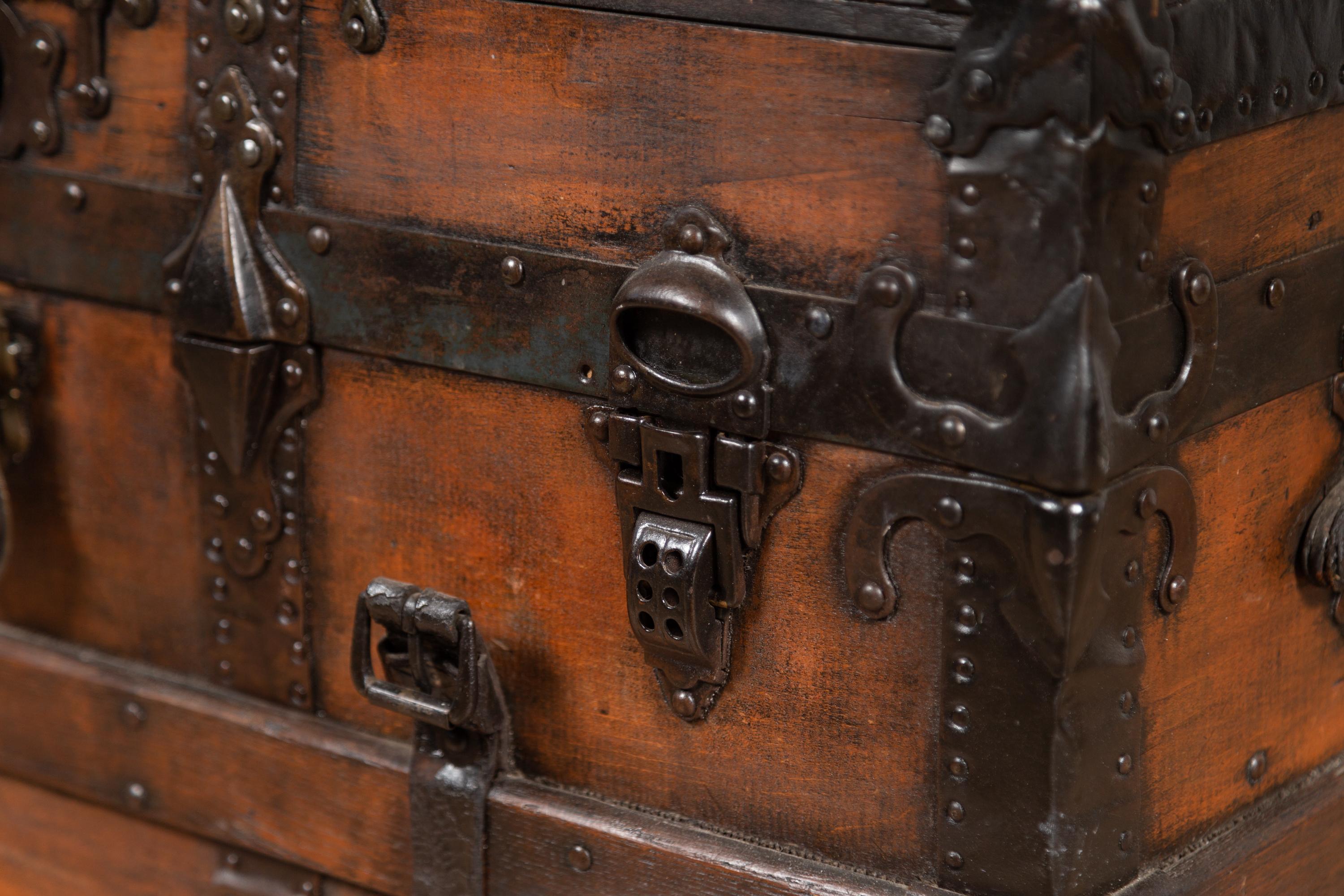 Antique Indonesian Travel Treasure Chest with Brown Patina and Leather Details 8