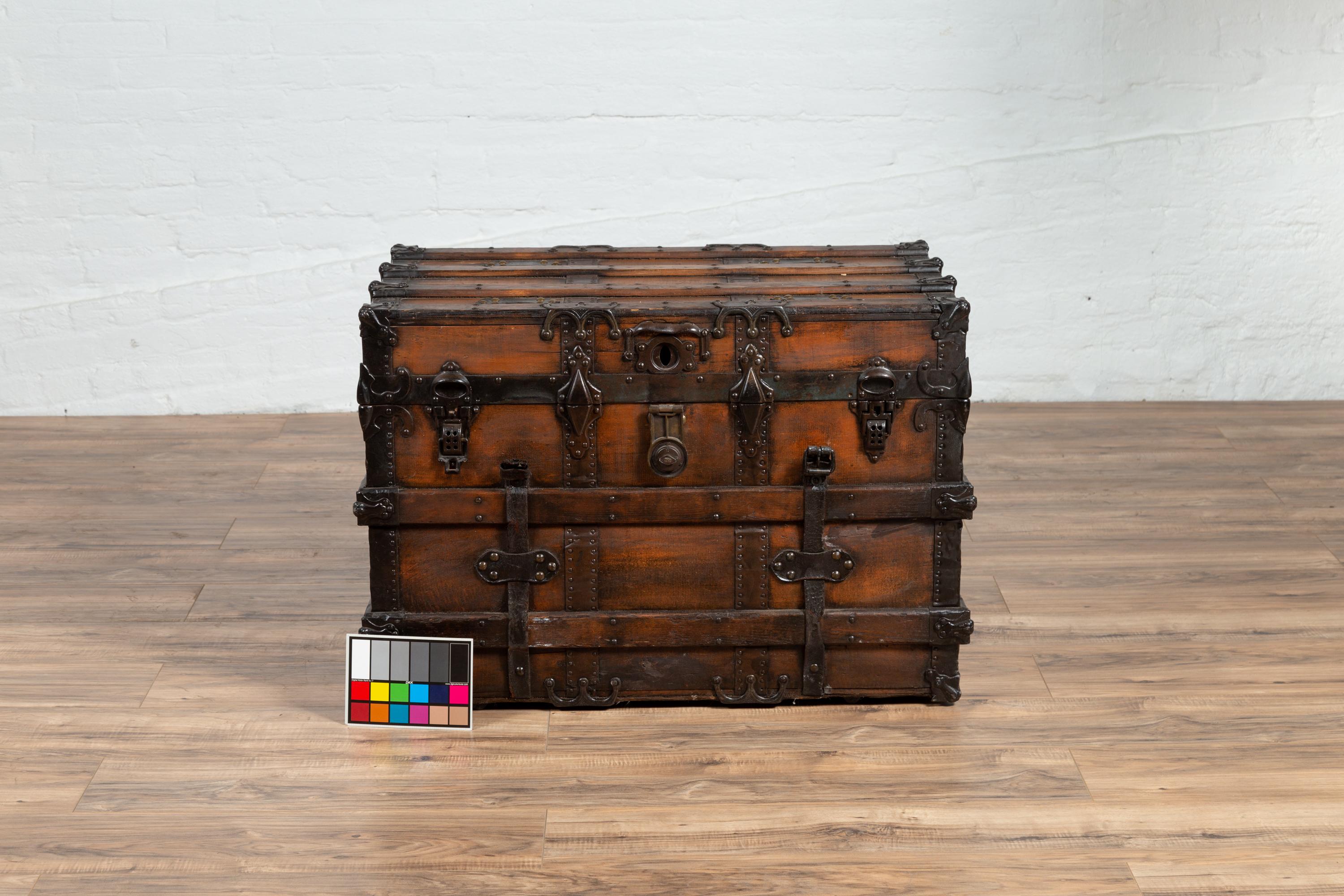 Antique Indonesian Travel Treasure Chest with Brown Patina and Leather Details 10