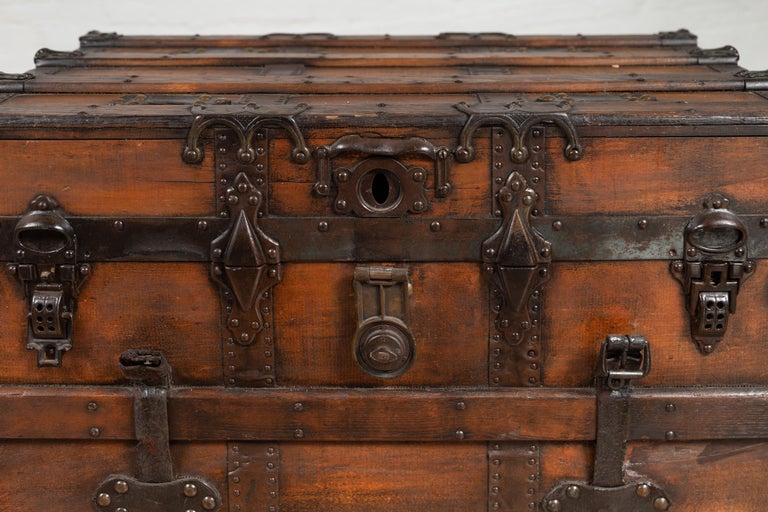 20th Century Antique Indonesian Travel Treasure Chest with Brown Patina and Leather Details