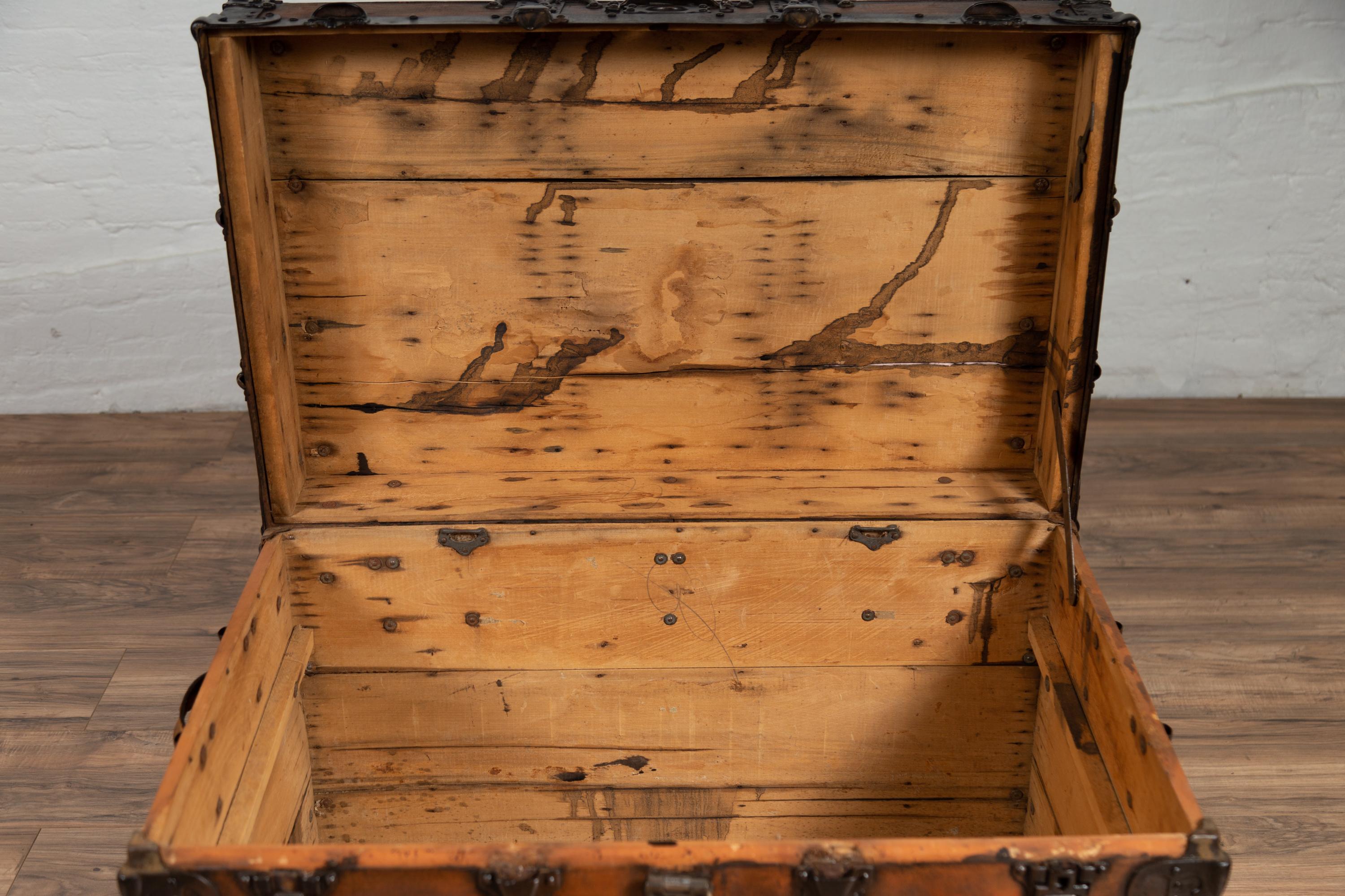 20th Century Antique Indonesian Travel Treasure Chest with Brown Patina and Leather Details