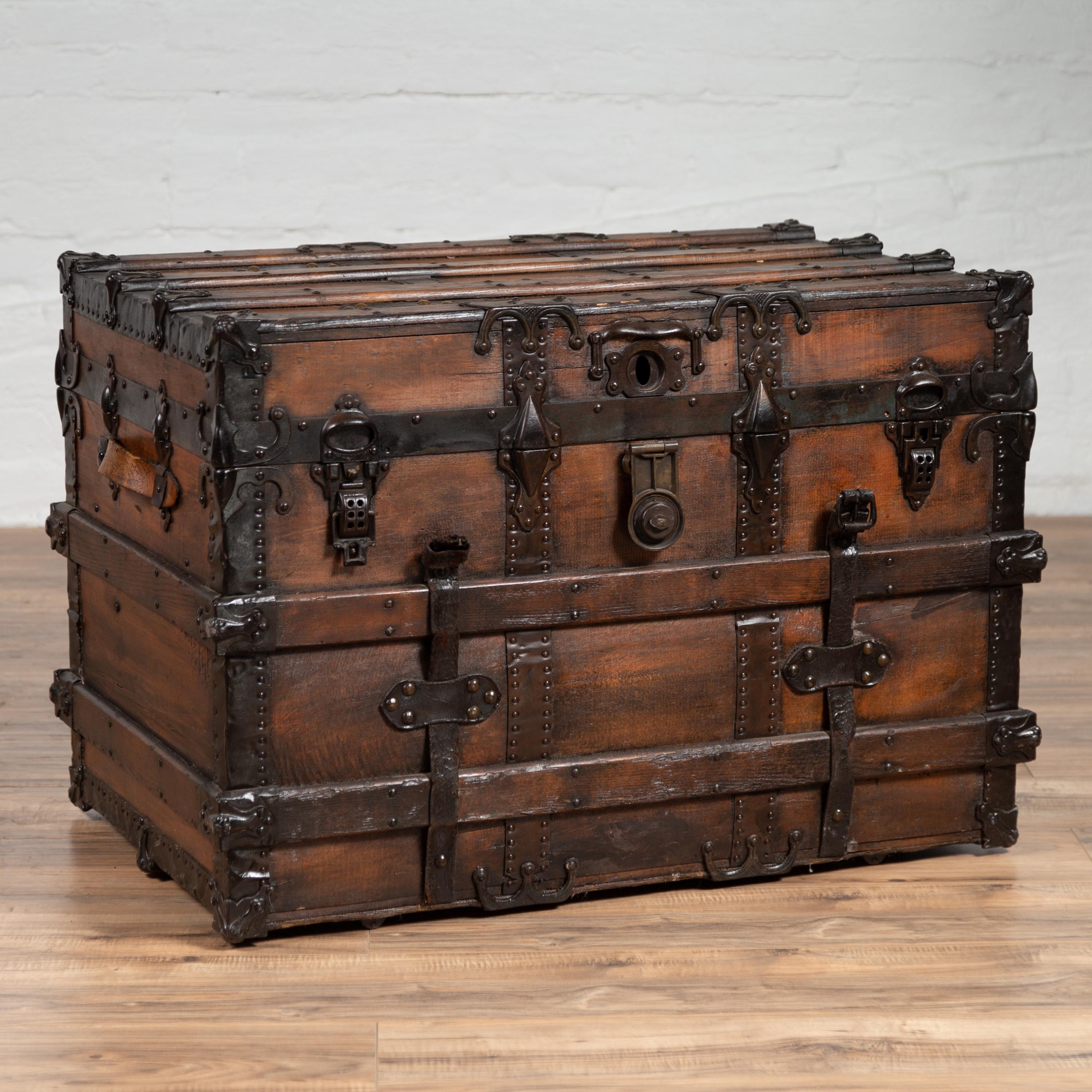 Antique Indonesian Travel Treasure Chest with Brown Patina and Leather Details 2