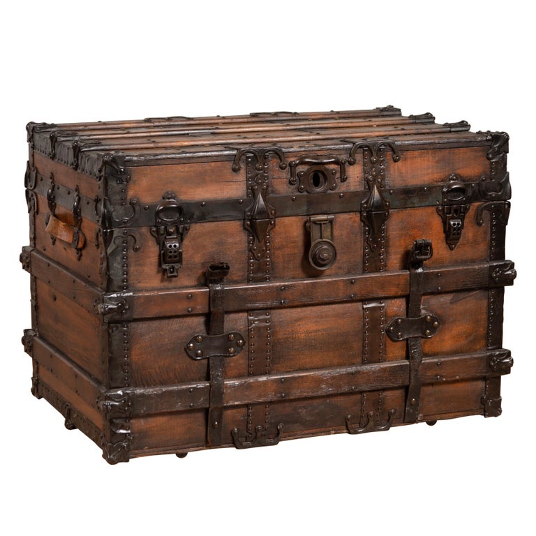 Antique Indonesian Travel Treasure Chest with Brown Patina and Leather Details