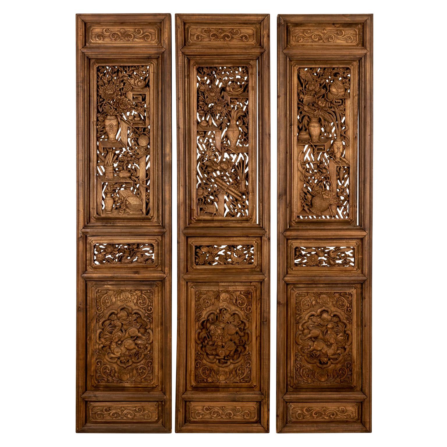 Antique Indonesian Wood Carved Panel Screens For Sale