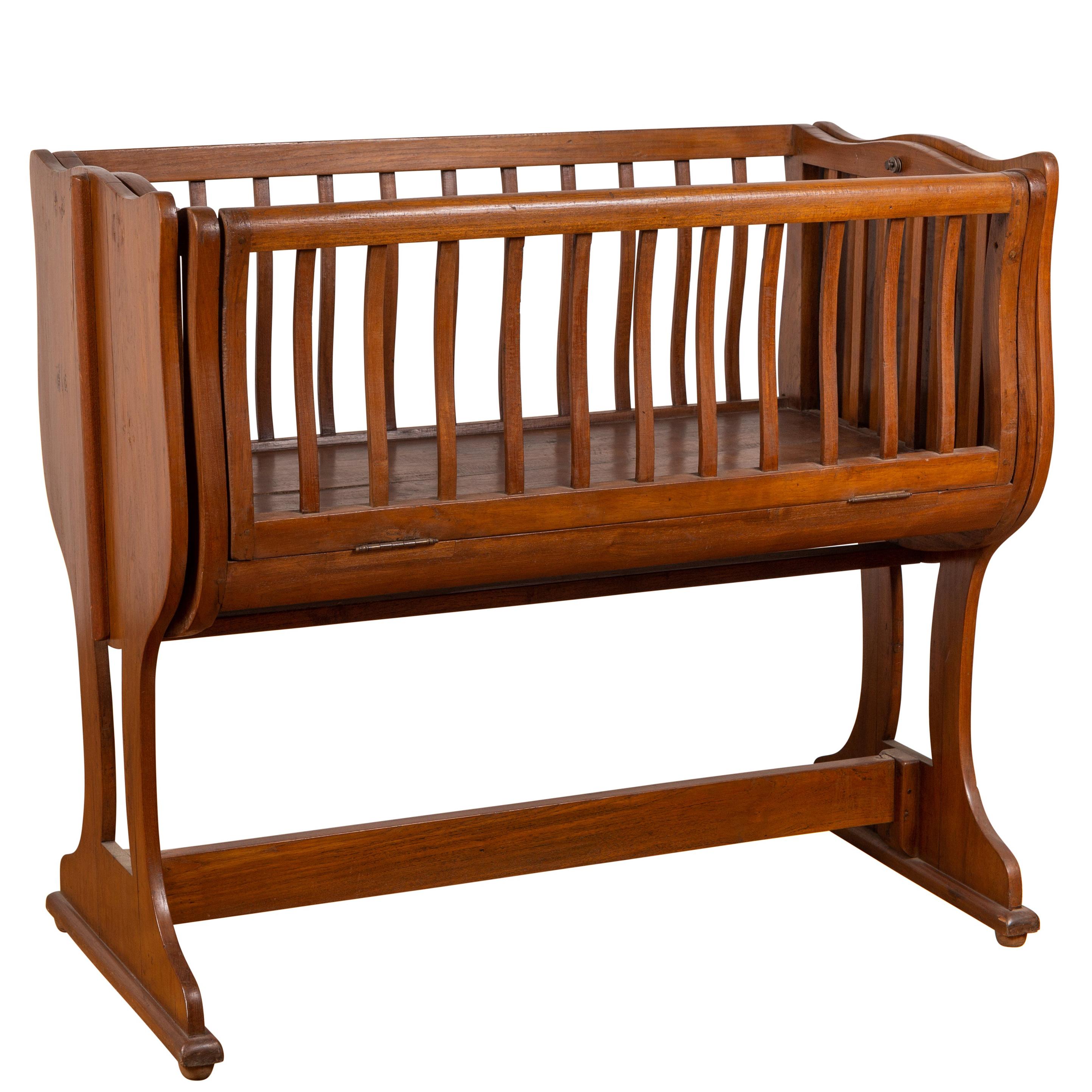 Antique Indonesian Wooden Baby Cradle Transforming into a Loveseat