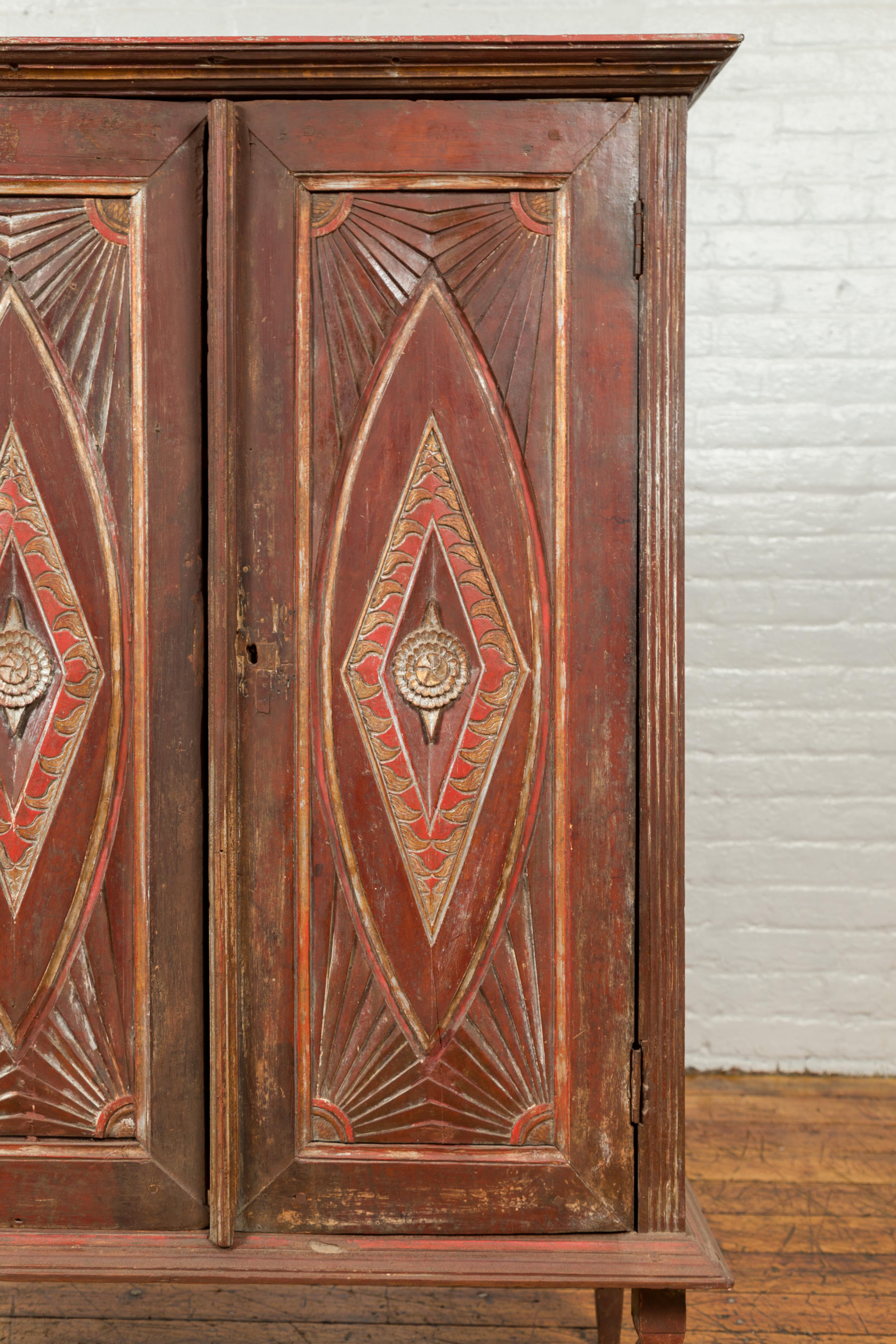 Antique Indonesian Wooden Cabinet with Carved and Painted Geometric Motifs For Sale 2