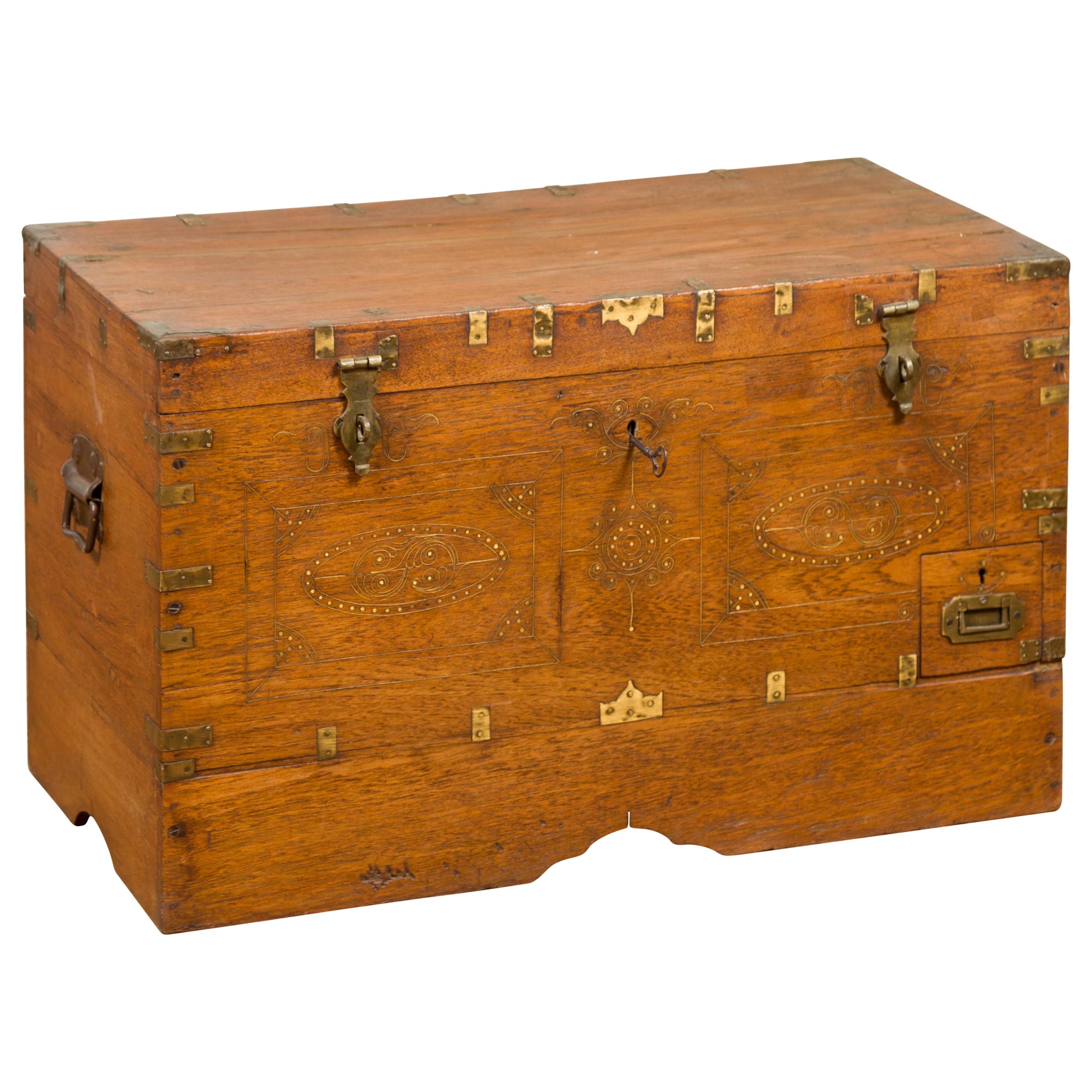 Antique Indonesian Wooden Compartmented Wedding Chest with Brass Accents